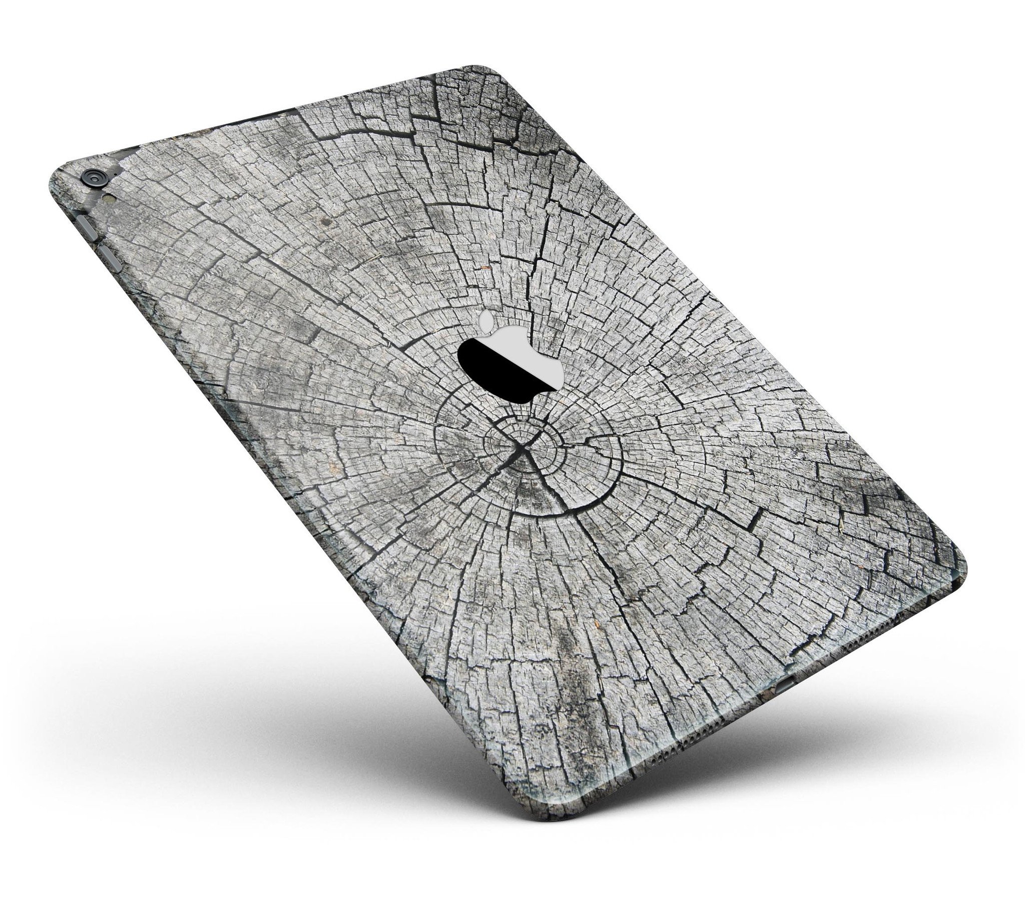 Aged Cracked Tree Stump Skin for iPad Pro, showcasing a natural wood texture design that wraps around the device for full-body protection.