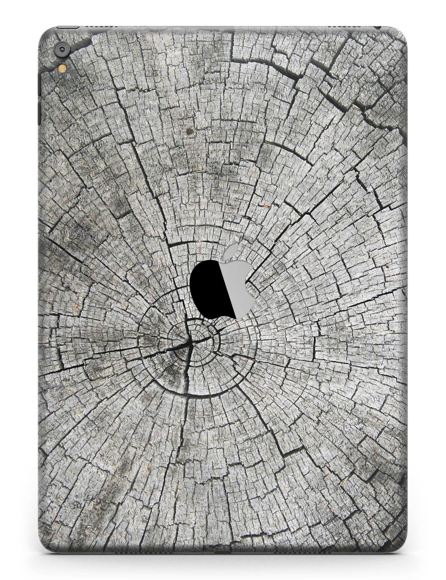 Aged Cracked Tree Stump Skin for iPad Pro, showcasing a natural wood texture design that wraps around the device for full-body protection.