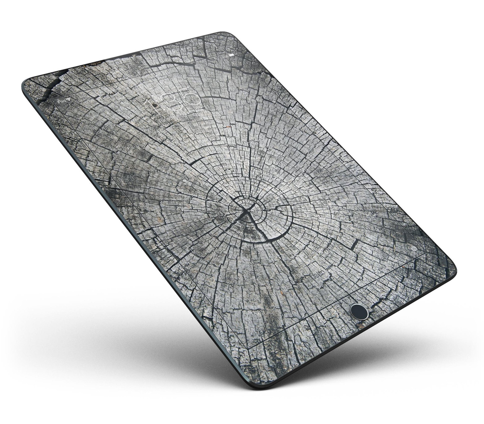 Aged Cracked Tree Stump Skin for iPad Pro, showcasing a natural wood texture design that wraps around the device for full-body protection.