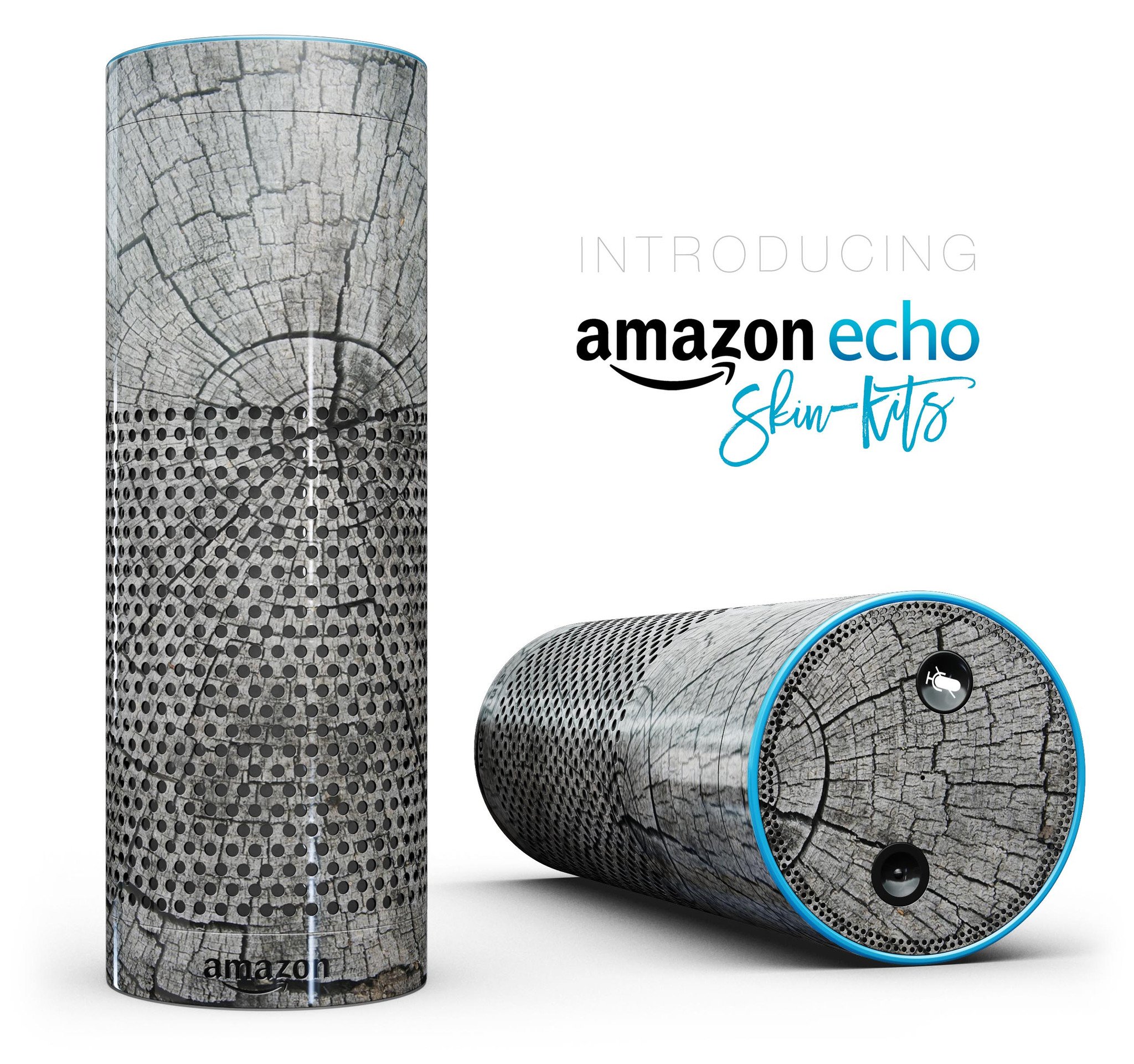 Aged Cracked Tree Stump Core skin kit for Amazon Echo, showcasing a rustic design with full-body coverage.