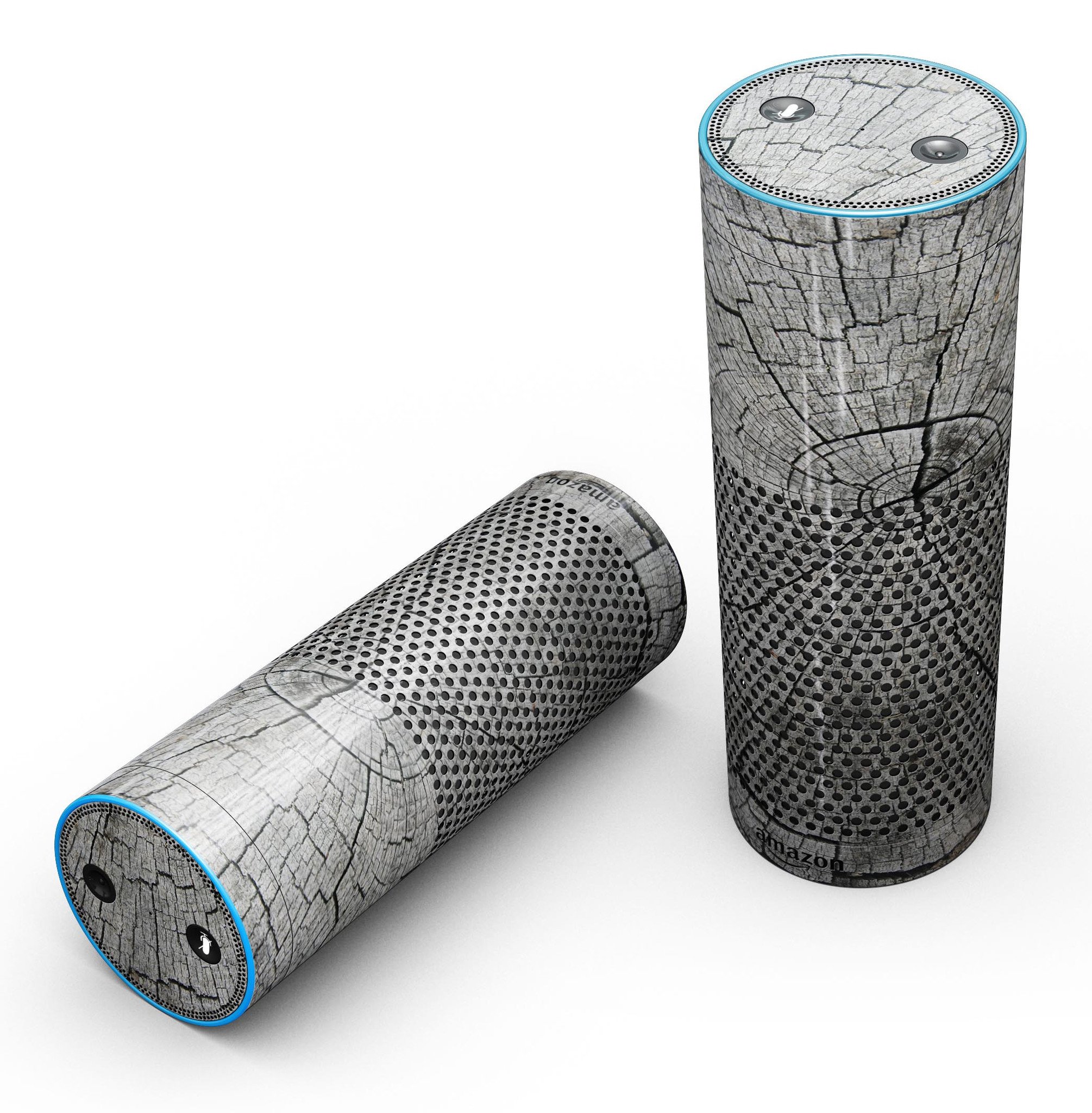 Aged Cracked Tree Stump Core skin kit for Amazon Echo, showcasing a rustic design with full-body coverage.