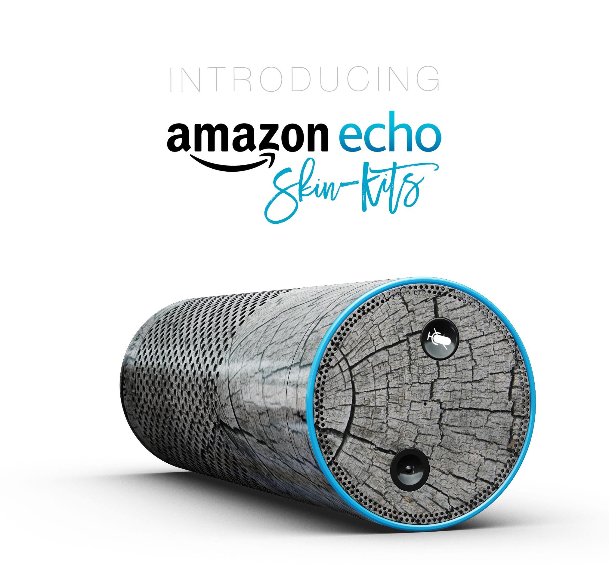 Aged Cracked Tree Stump Core skin kit for Amazon Echo, showcasing a rustic design with full-body coverage.