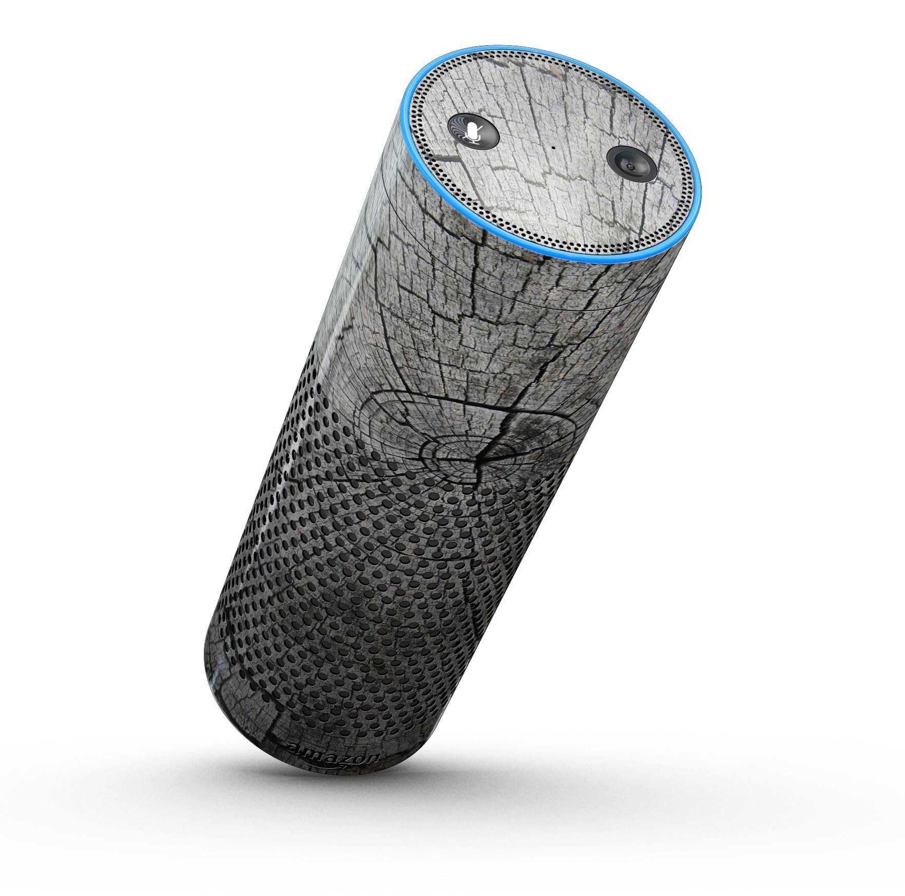 Aged Cracked Tree Stump Core skin kit for Amazon Echo, showcasing a rustic design with full-body coverage.