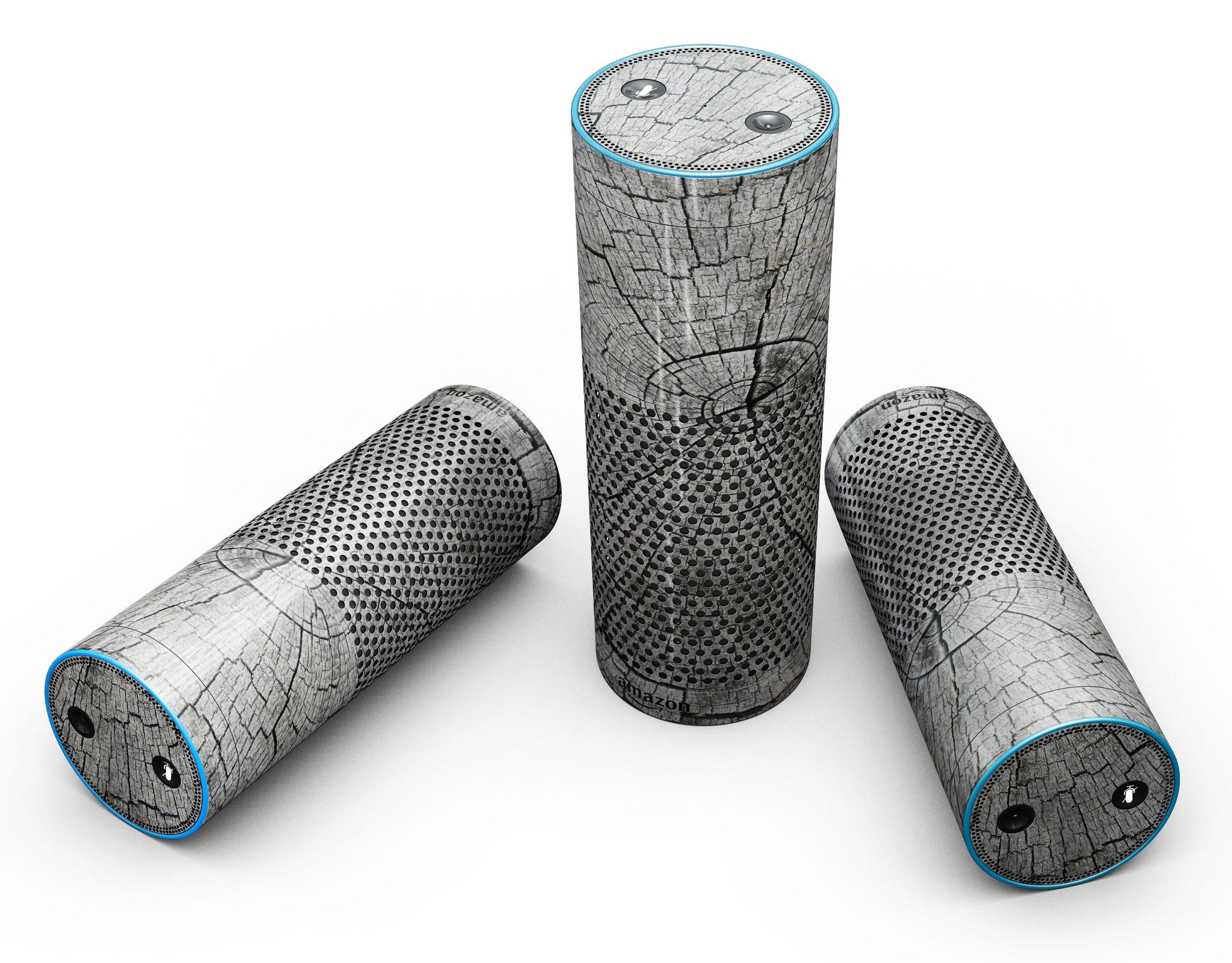 Aged Cracked Tree Stump Core skin kit for Amazon Echo, showcasing a rustic design with full-body coverage.