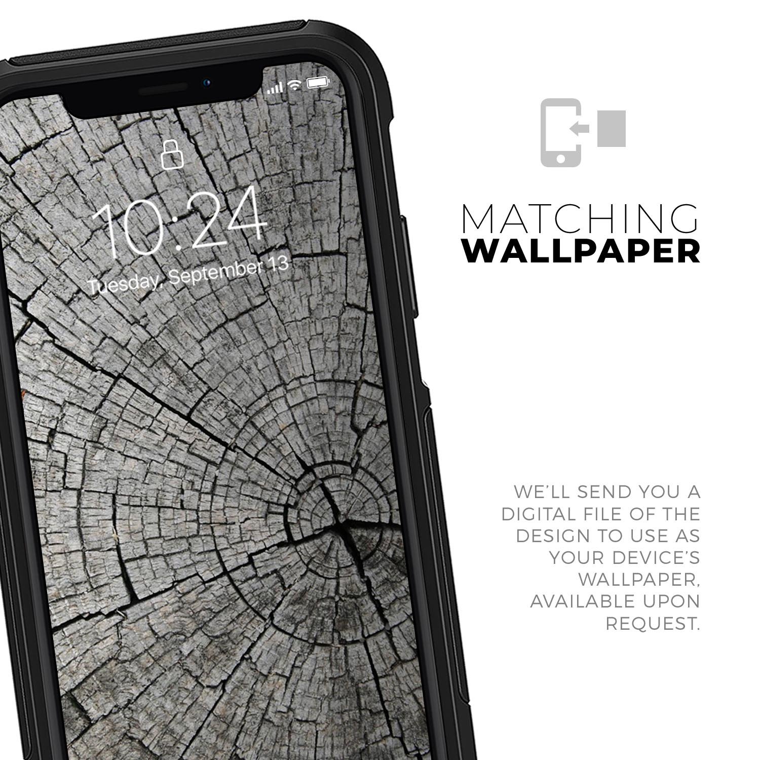 Aged Cracked Tree Stump Core Skin Kit for iPhone OtterBox cases, showcasing a unique tree stump design with a premium finish.