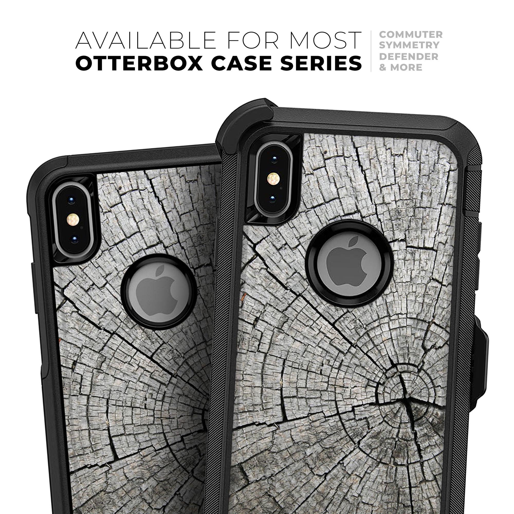 Aged Cracked Tree Stump Core Skin Kit for iPhone OtterBox cases, showcasing a unique tree stump design with a premium finish.