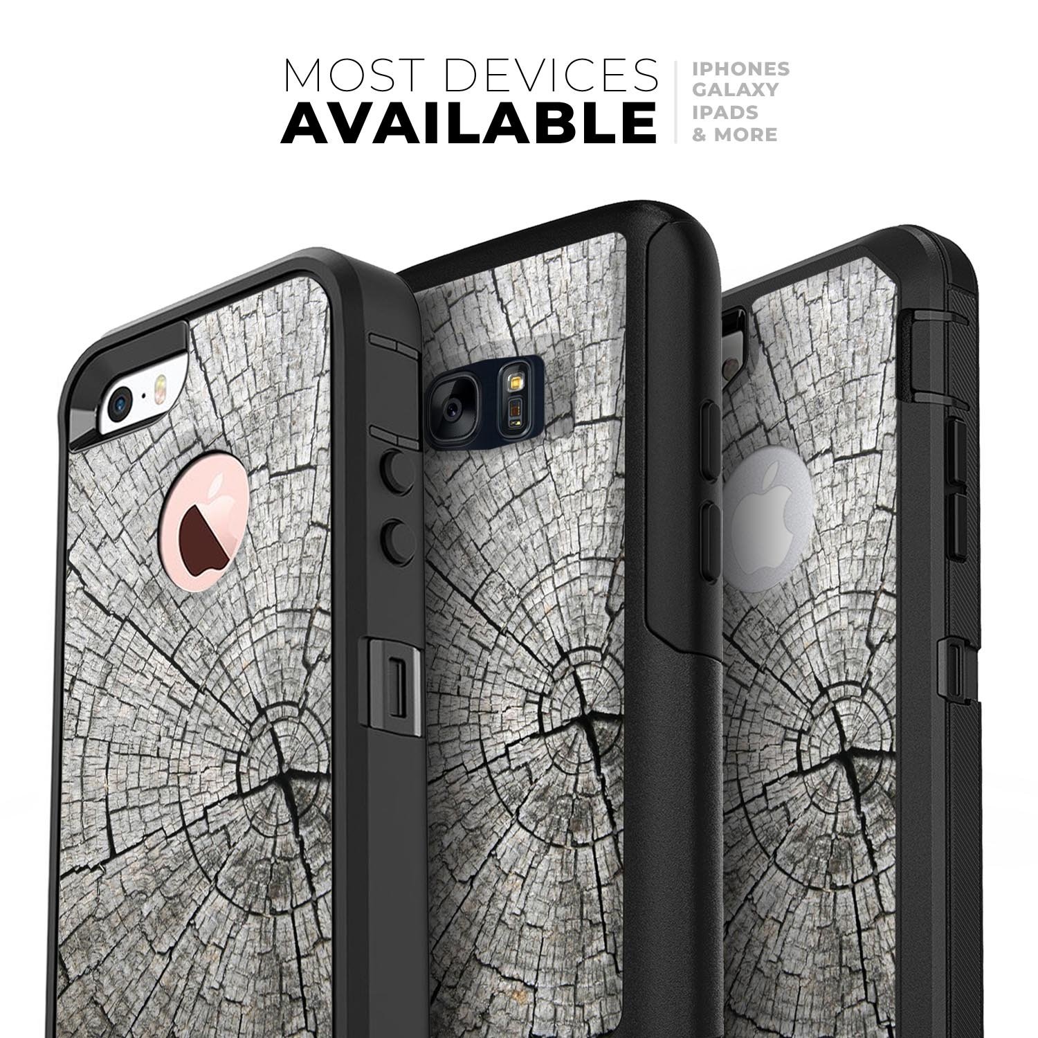 Aged Cracked Tree Stump Core Skin Kit for iPhone OtterBox cases, showcasing a unique tree stump design with a premium finish.