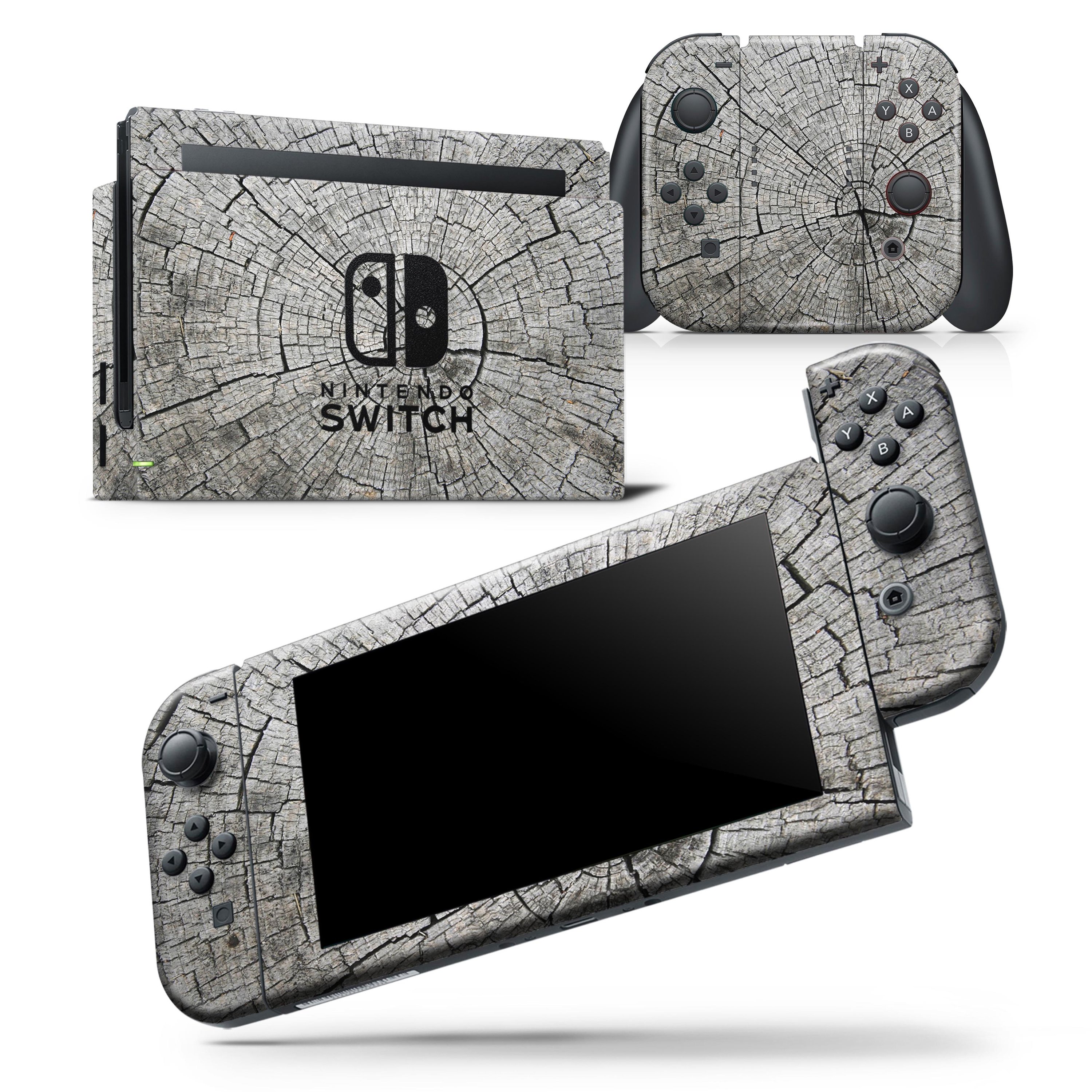 Aged Cracked Tree Stump Core skin wrap decal for Nintendo Switch, showcasing a unique design that fits snugly on the console and controllers.