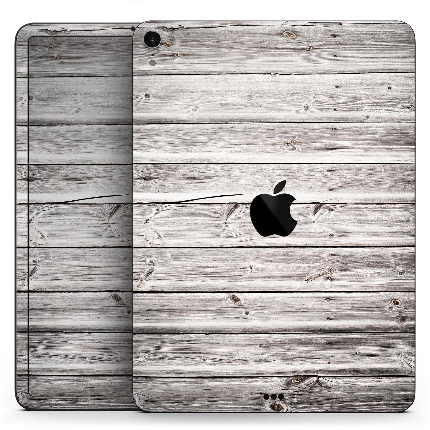 Aged White Wood Planks skin decal for Apple iPad Pro, showcasing a rustic wood design that enhances device aesthetics.