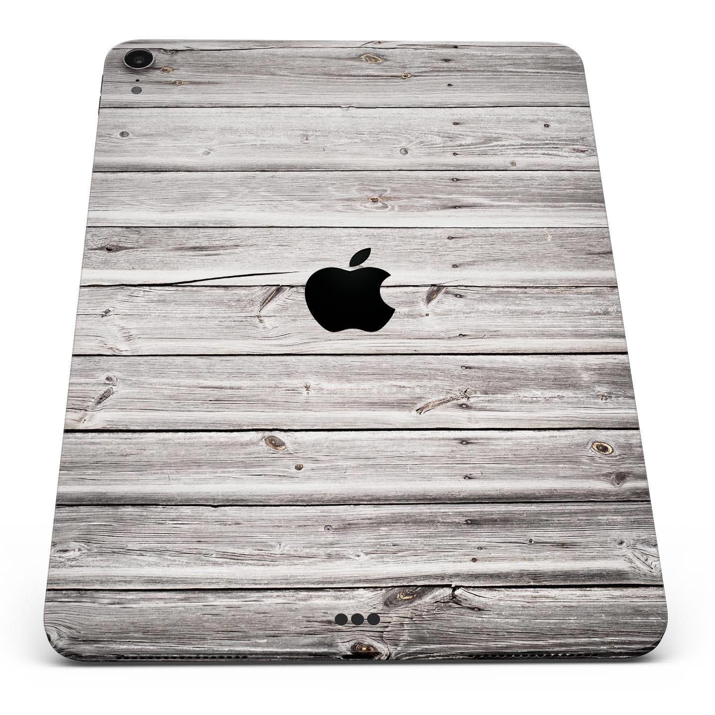 Aged White Wood Planks skin decal for Apple iPad Pro, showcasing a rustic wood design that enhances device aesthetics.