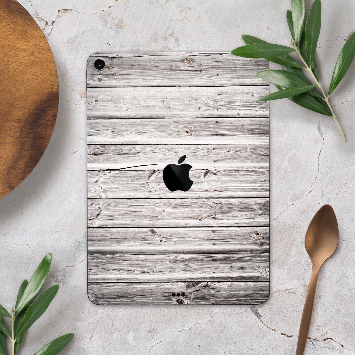 Aged White Wood Planks skin decal for Apple iPad Pro, showcasing a rustic wood design that enhances device aesthetics.