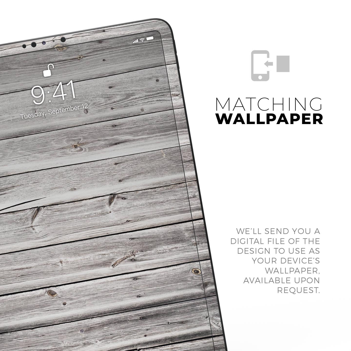 Aged White Wood Planks skin decal for Apple iPad Pro, showcasing a rustic wood design that enhances device aesthetics.