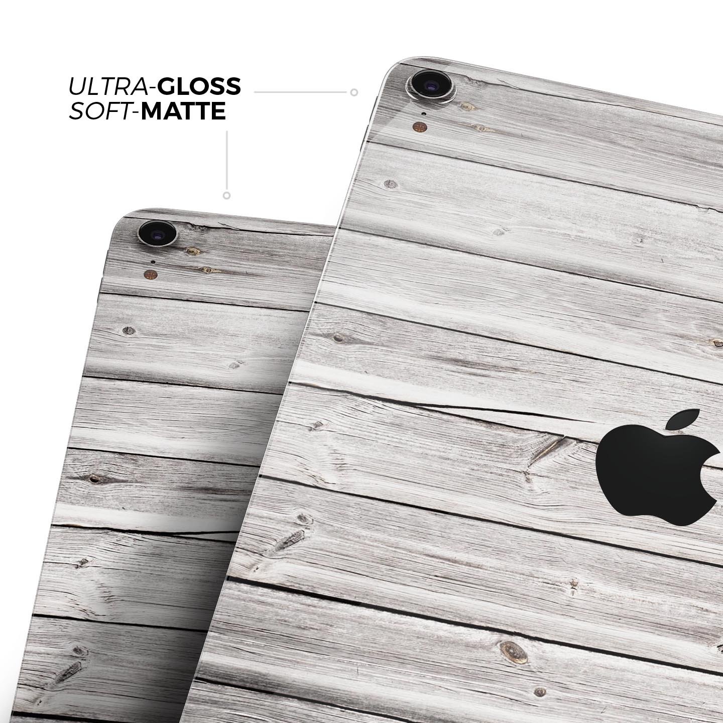 Aged White Wood Planks skin decal for Apple iPad Pro, showcasing a rustic wood design that enhances device aesthetics.