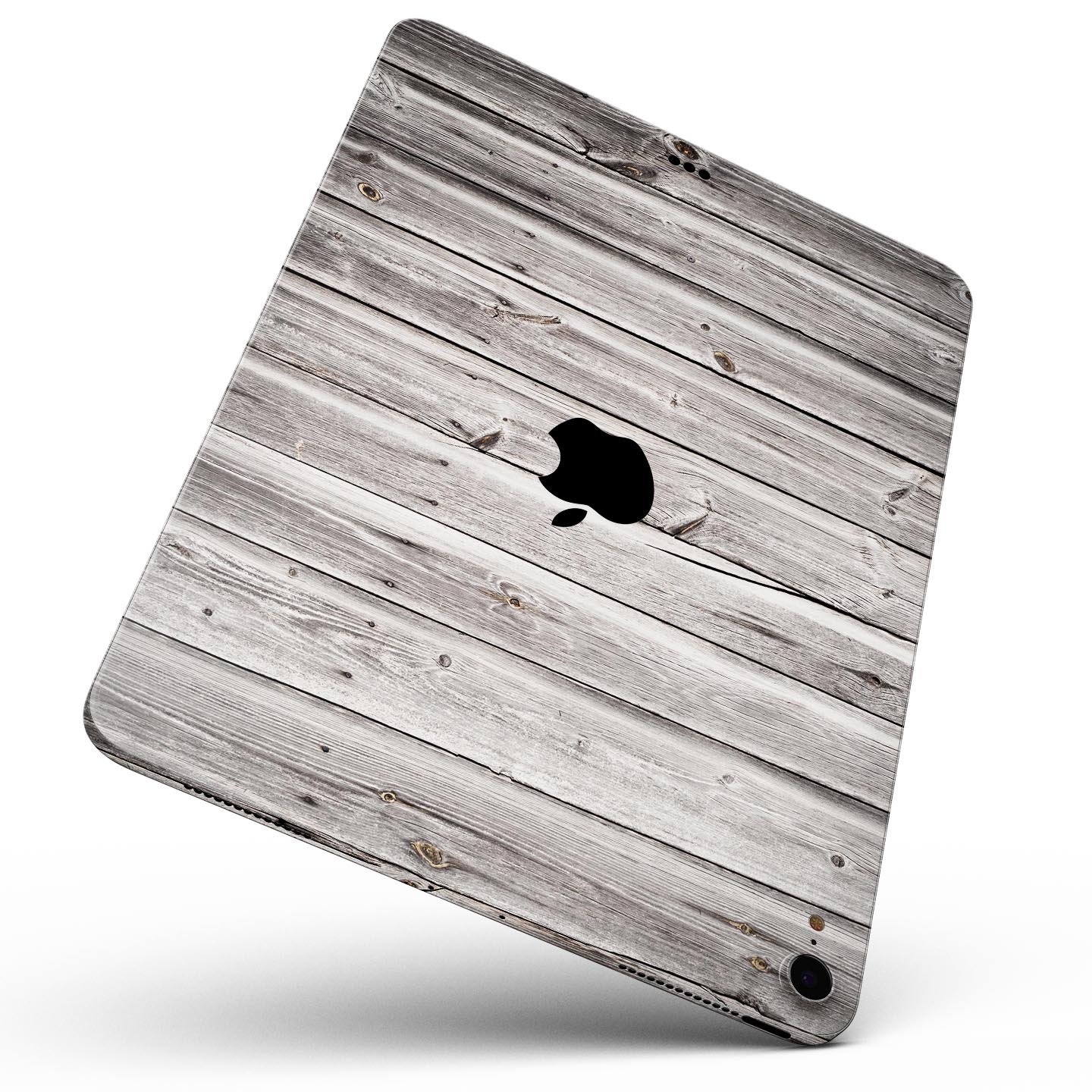 Aged White Wood Planks skin decal for Apple iPad Pro, showcasing a rustic wood design that enhances device aesthetics.