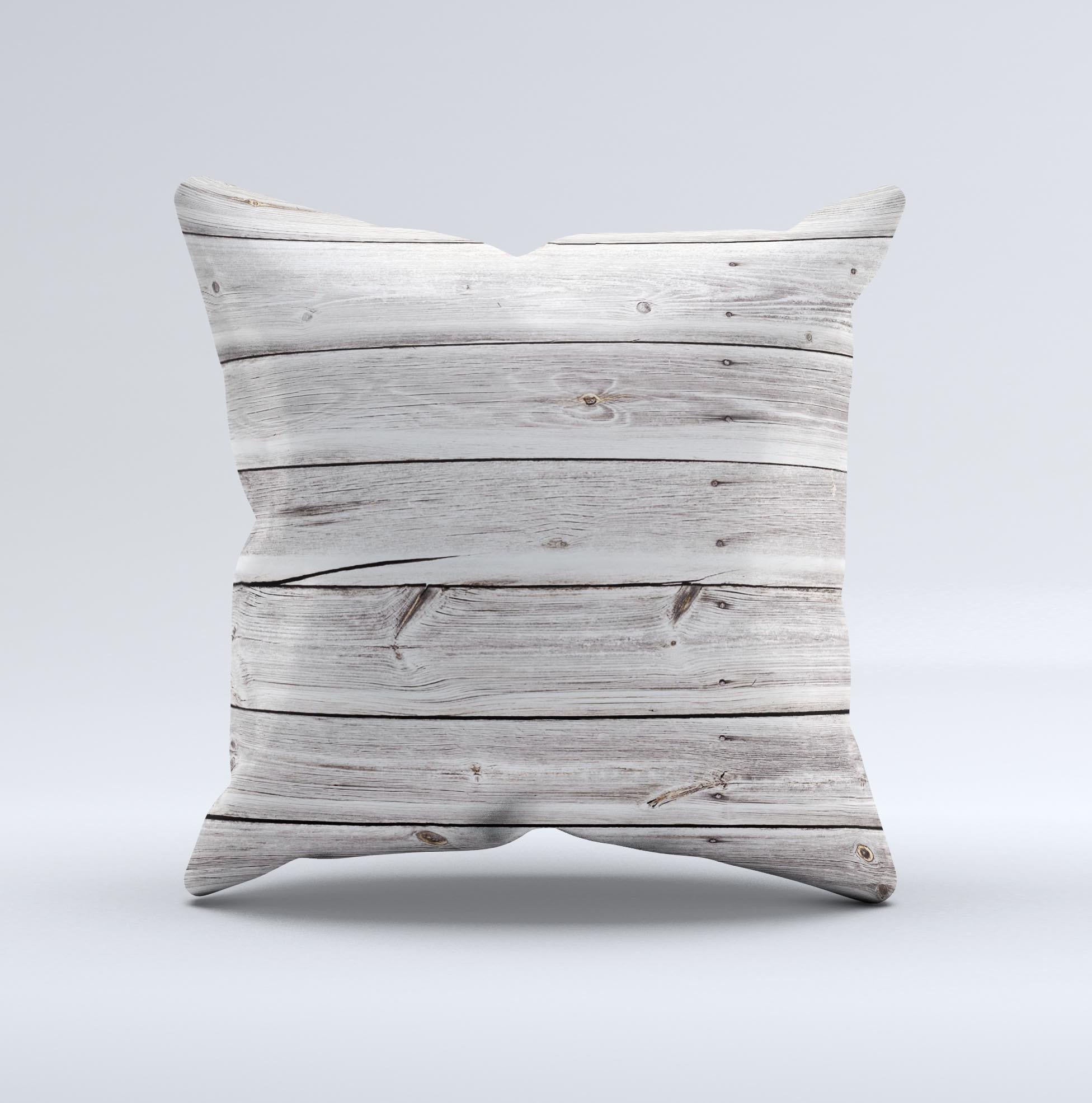 Aged White Wood Planks Ink-Fuzed Decorative Throw Pillow showcasing a rustic design with a soft fabric cover and plush filling.