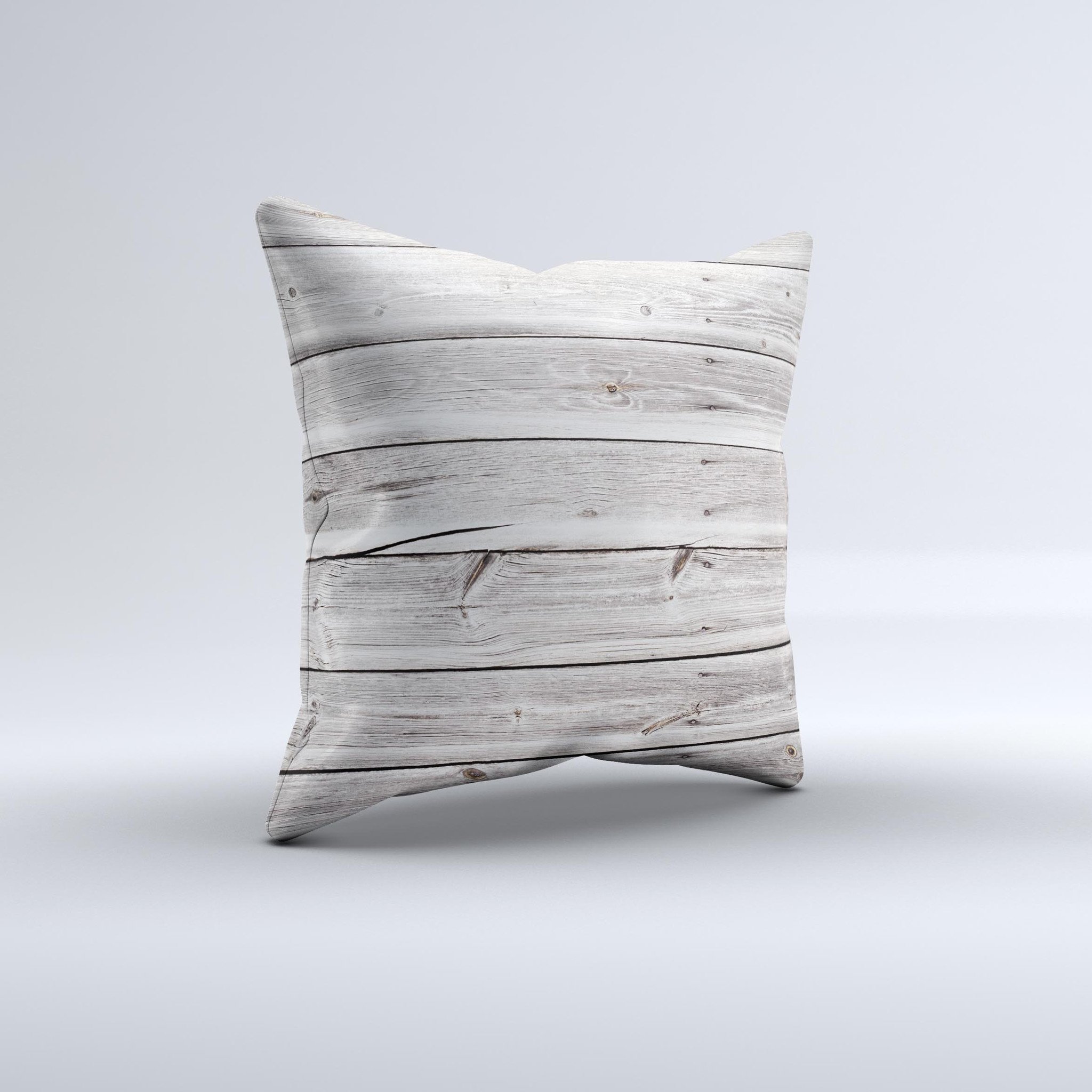 Aged White Wood Planks Ink-Fuzed Decorative Throw Pillow showcasing a rustic design with a soft fabric cover and plush filling.