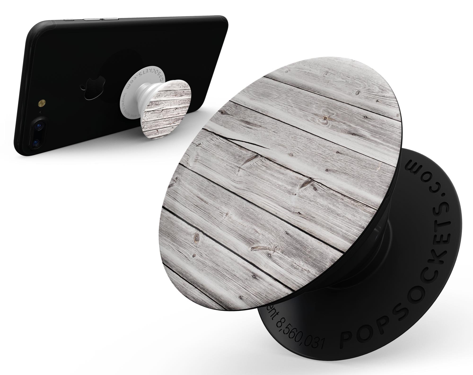 Aged White Wood Planks Skin Kit for PopSockets, showcasing a rustic wood design on a smartphone grip.