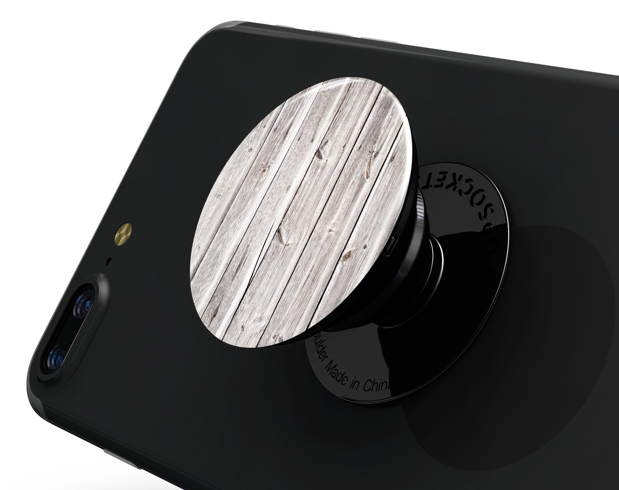 Aged White Wood Planks Skin Kit for PopSockets, showcasing a rustic wood design on a smartphone grip.