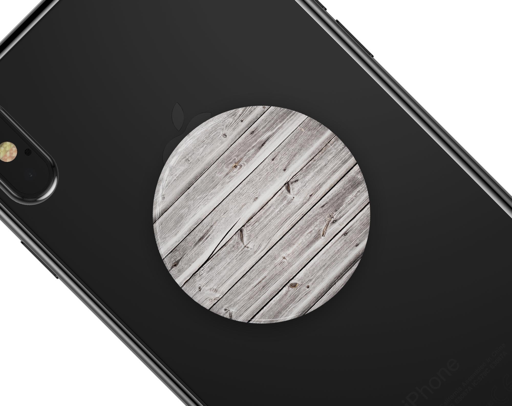 Aged White Wood Planks Skin Kit for PopSockets, showcasing a rustic wood design on a smartphone grip.