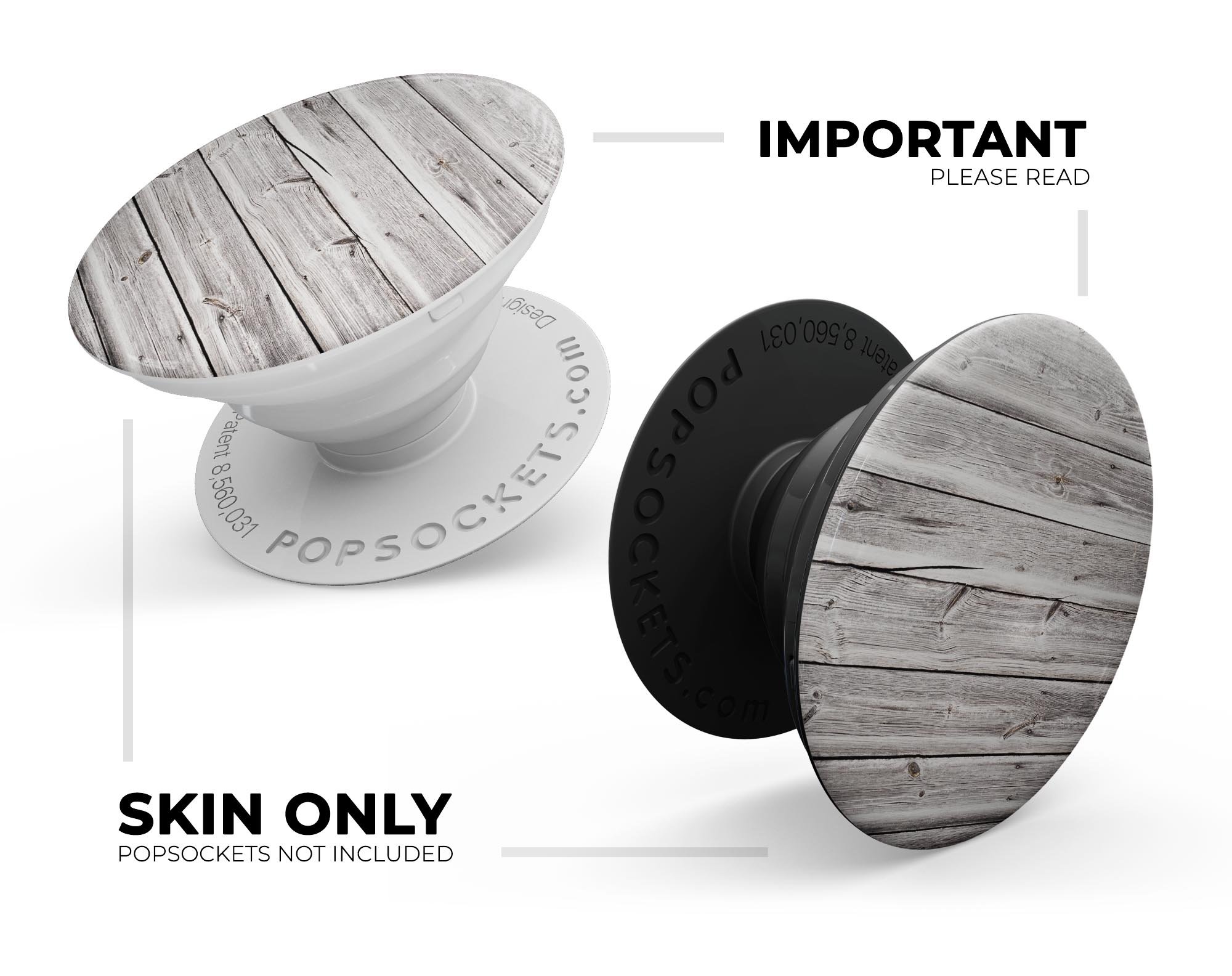 Aged White Wood Planks Skin Kit for PopSockets, showcasing a rustic wood design on a smartphone grip.