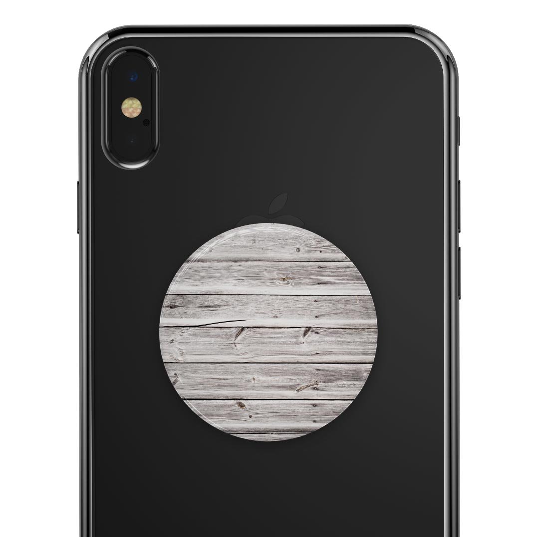 Aged White Wood Planks Skin Kit for PopSockets, showcasing a rustic wood design on a smartphone grip.