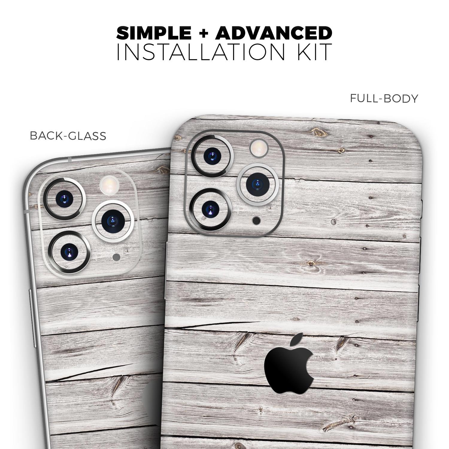 Aged White Wood Planks Skin-Kit for Apple iPhone 13, showcasing a stylish wood design that enhances the phone's appearance.