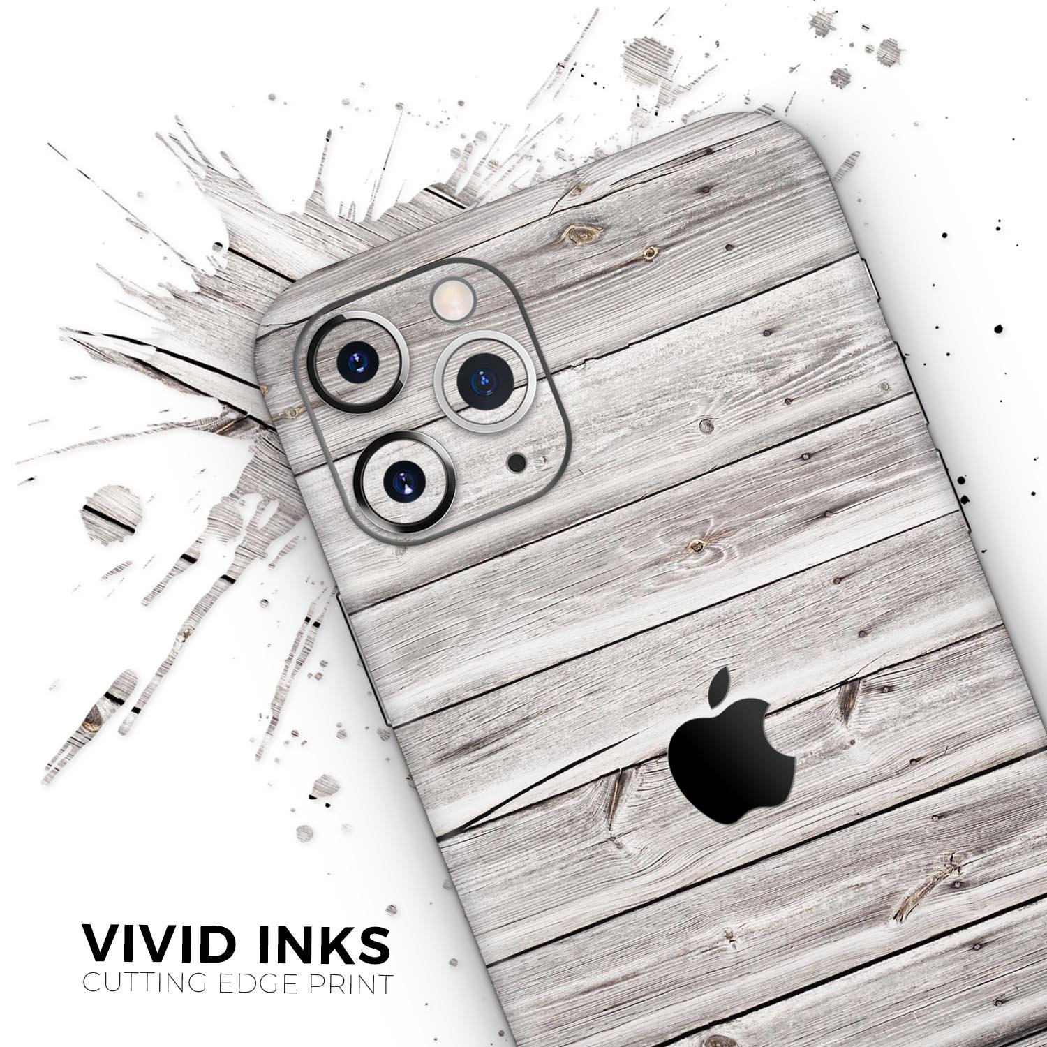 Aged White Wood Planks Skin-Kit for Apple iPhone 13, showcasing a stylish wood design that enhances the phone's appearance.