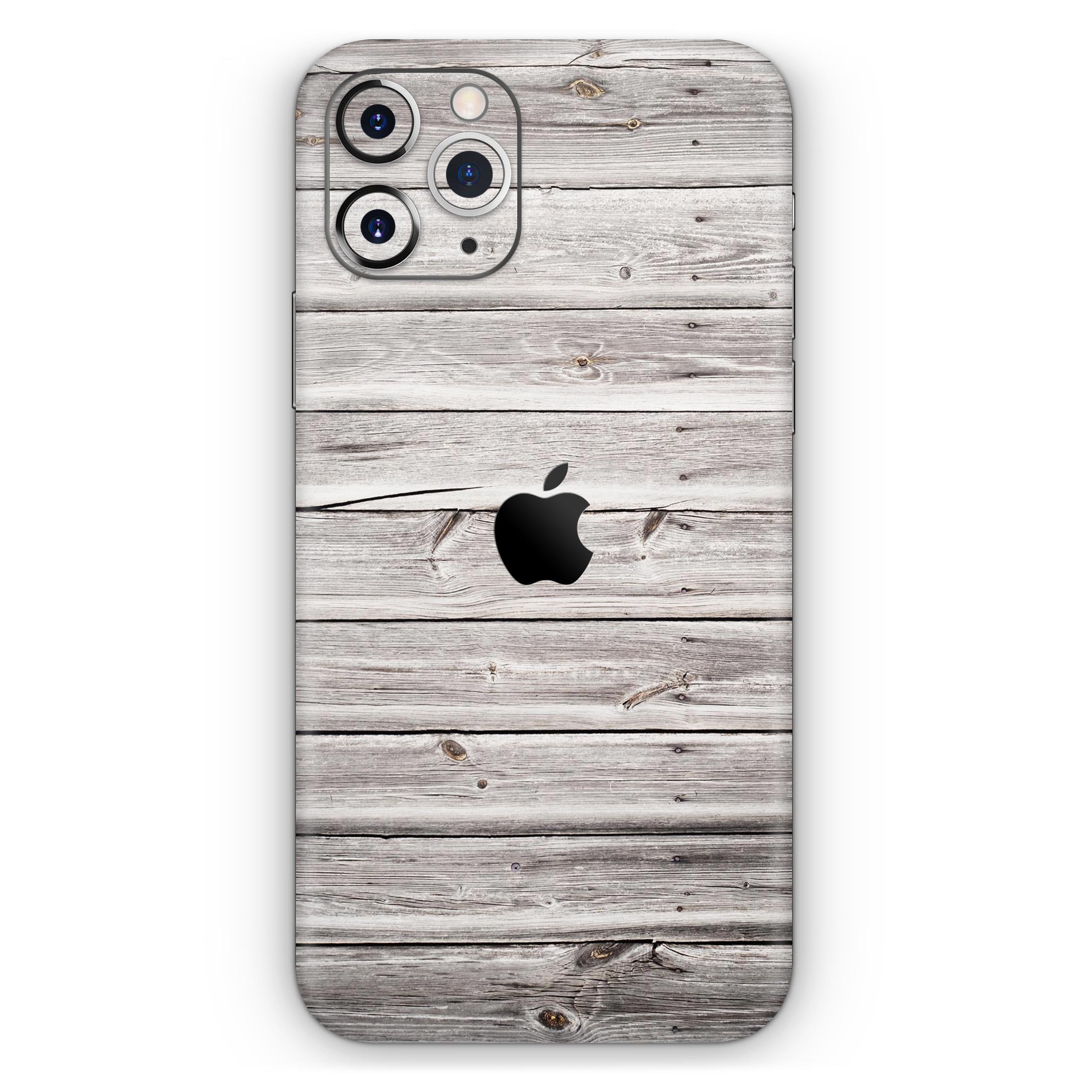 Aged White Wood Planks Skin-Kit for Apple iPhone 13, showcasing a stylish wood design that enhances the phone's appearance.