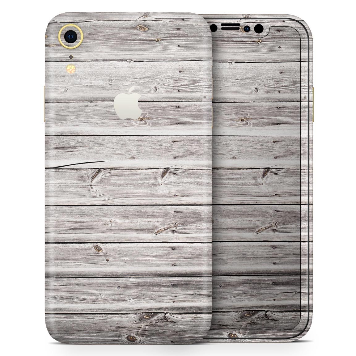 Aged White Wood Planks Skin-Kit for Apple iPhone models, showcasing a stylish wood design.