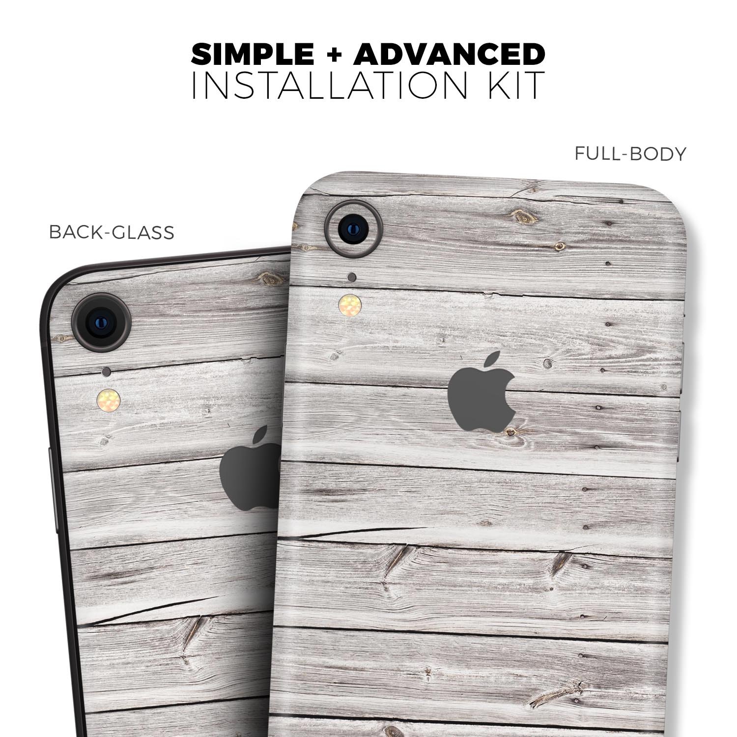 Aged White Wood Planks Skin-Kit for Apple iPhone models, showcasing a stylish wood design.