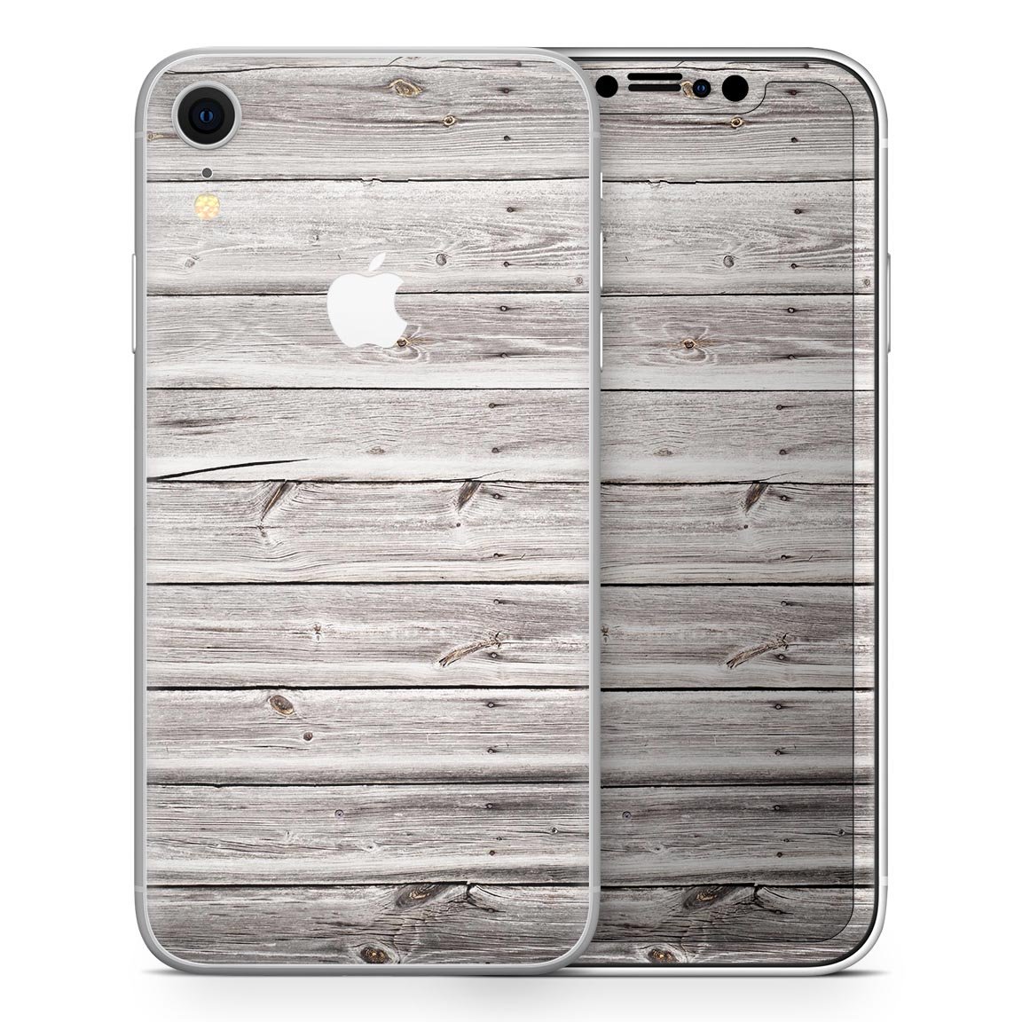 Aged White Wood Planks Skin-Kit for Apple iPhone models, showcasing a stylish wood design.