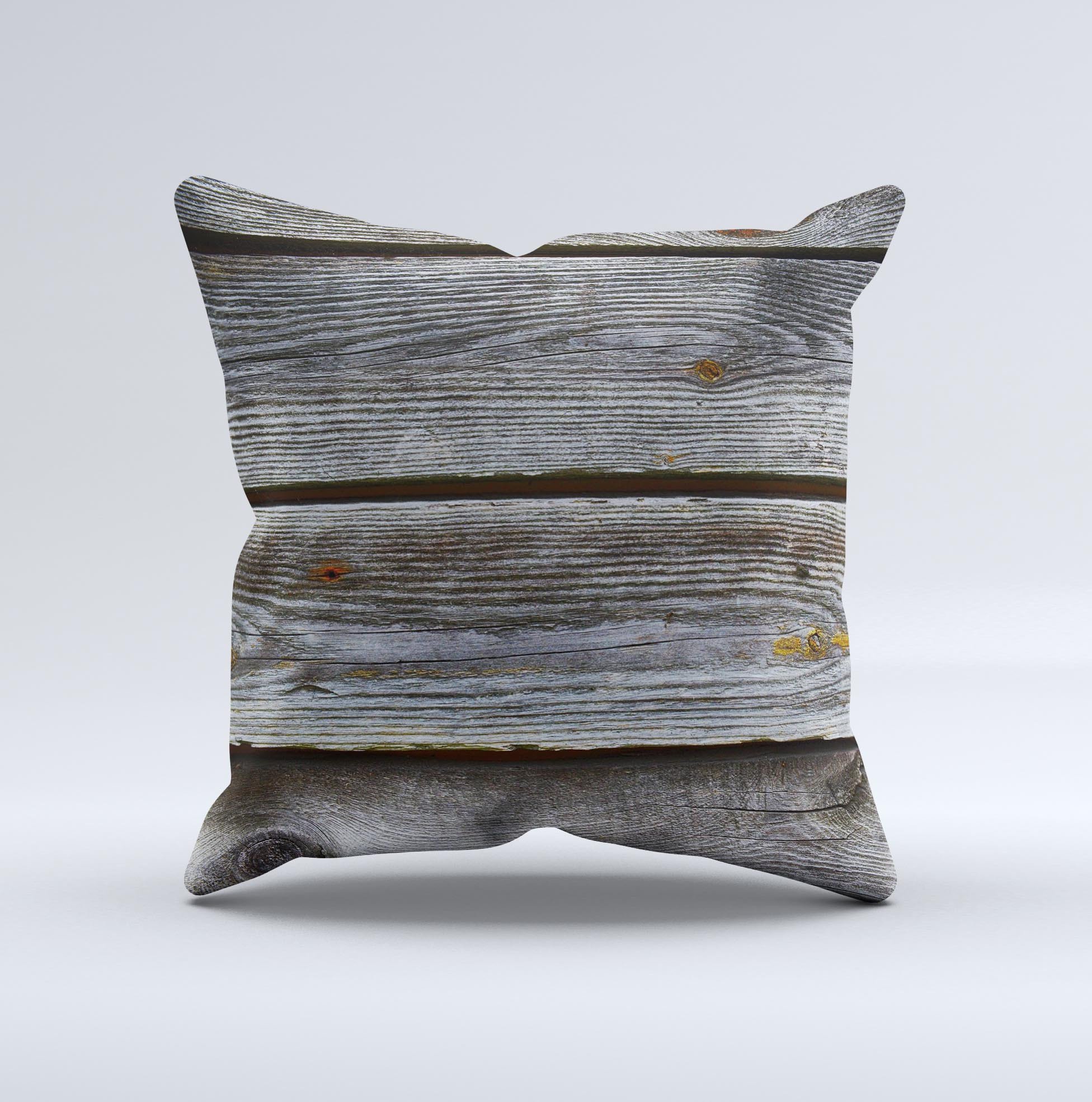 Aged Wood Planks Ink-Fuzed Decorative Throw Pillow showcasing a rustic design with high-quality fabric and unique handcrafted details.