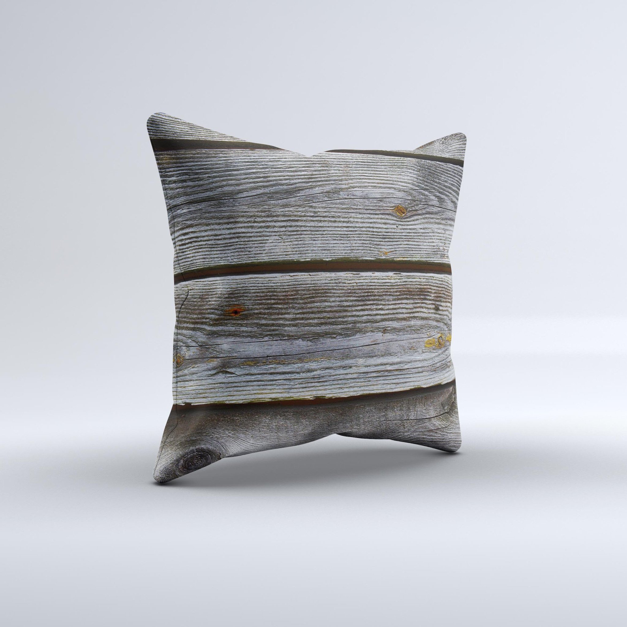 Aged Wood Planks Ink-Fuzed Decorative Throw Pillow showcasing a rustic design with high-quality fabric and unique handcrafted details.