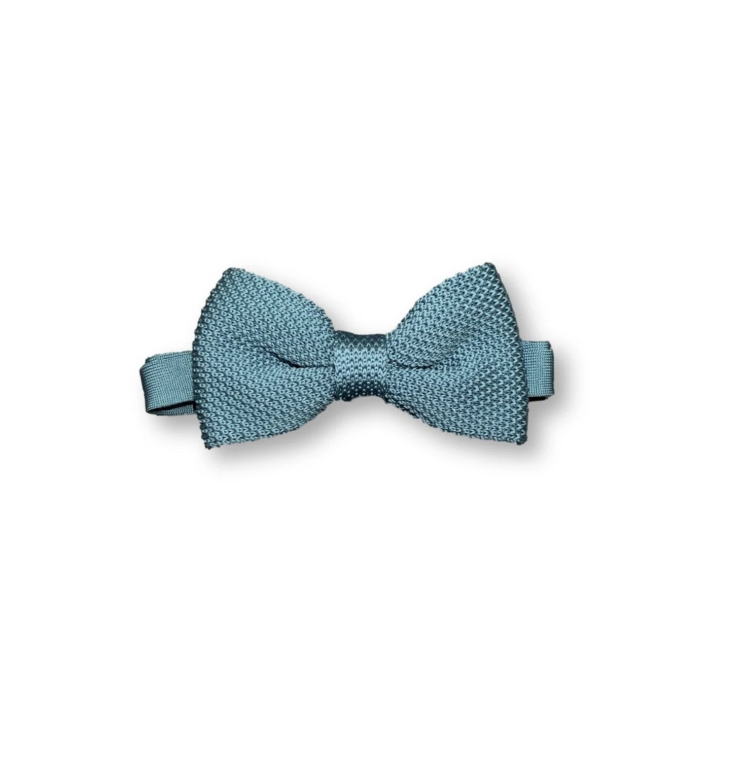 Air Force Blue Knitted Bow Tie displayed on a white background, showcasing its texture and dimensions.