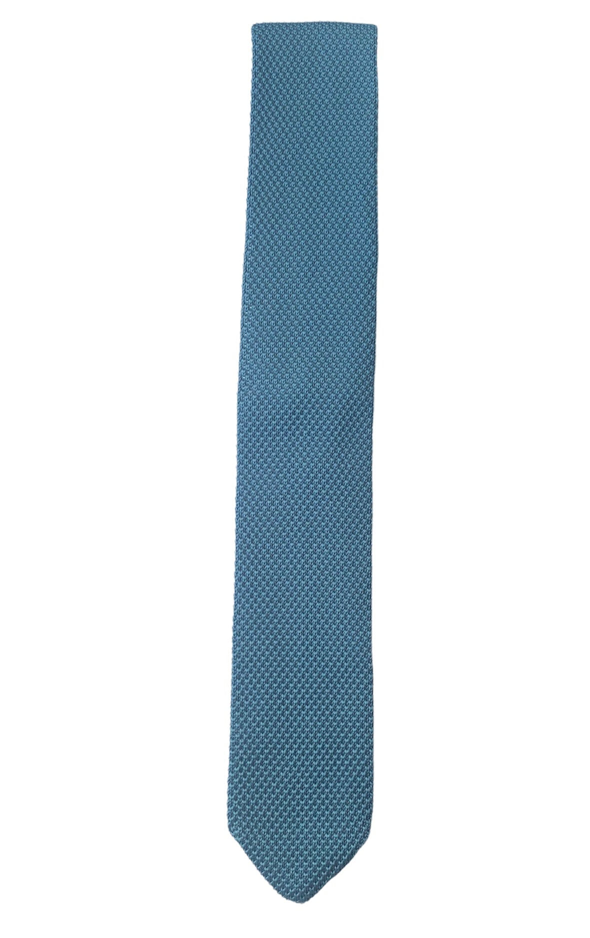 Air Force Blue knitted tie with a pointed end, showcasing its texture and color.