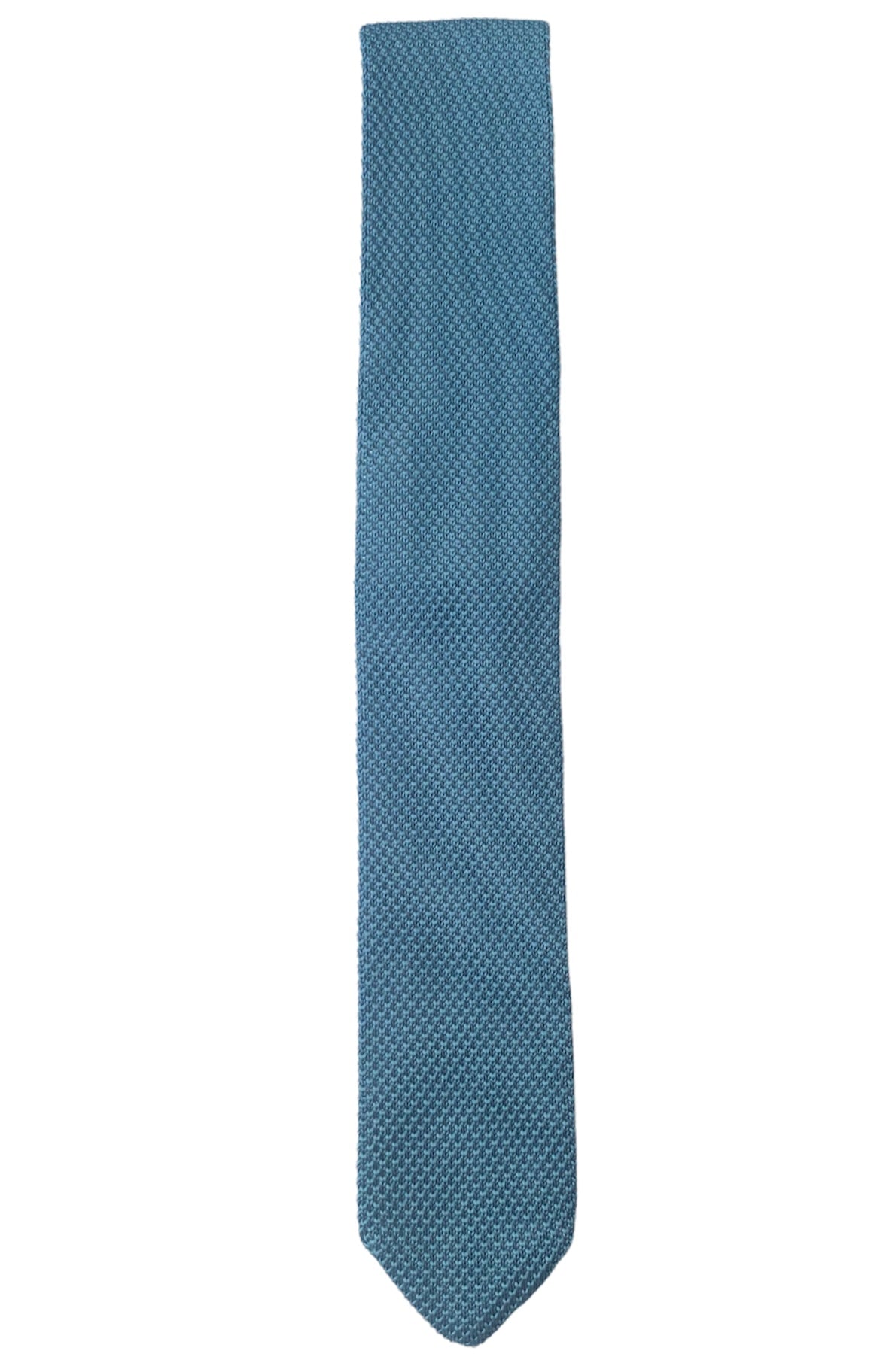 Air Force Blue knitted tie with a pointed end, showcasing its texture and color.