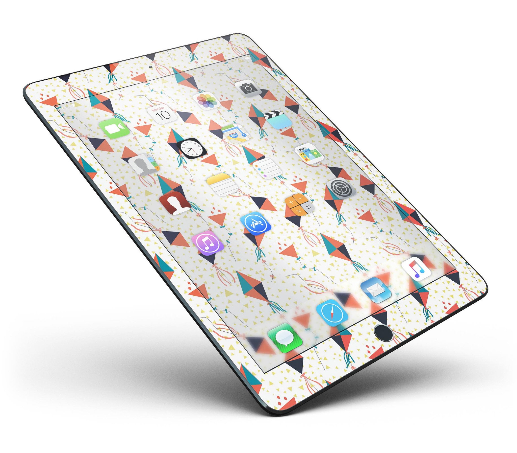 All Over Flying Kites Pattern Full Body Skin for iPad Pro, showcasing vibrant kite designs on a sleek vinyl surface.