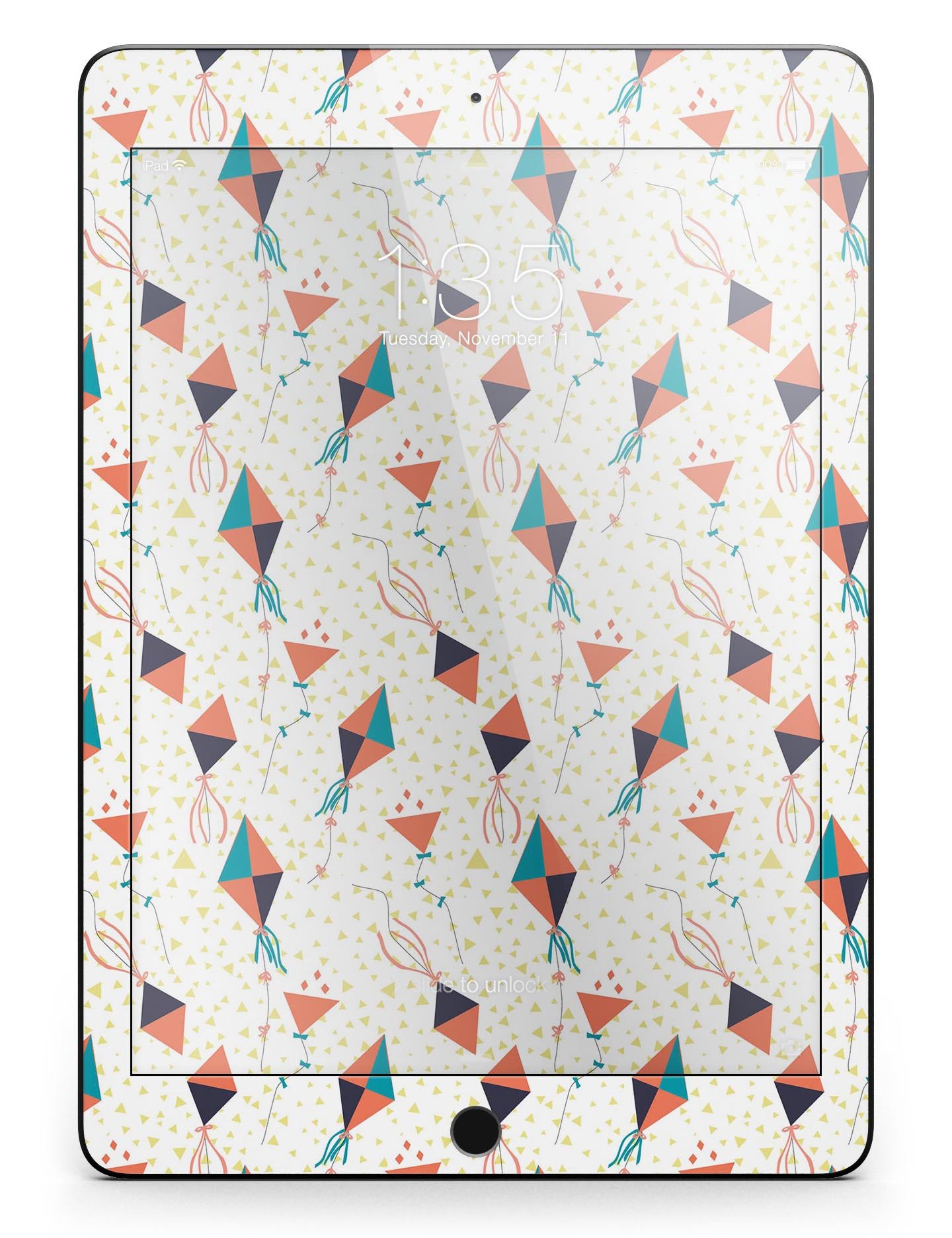 All Over Flying Kites Pattern Full Body Skin for iPad Pro, showcasing vibrant kite designs on a sleek vinyl surface.