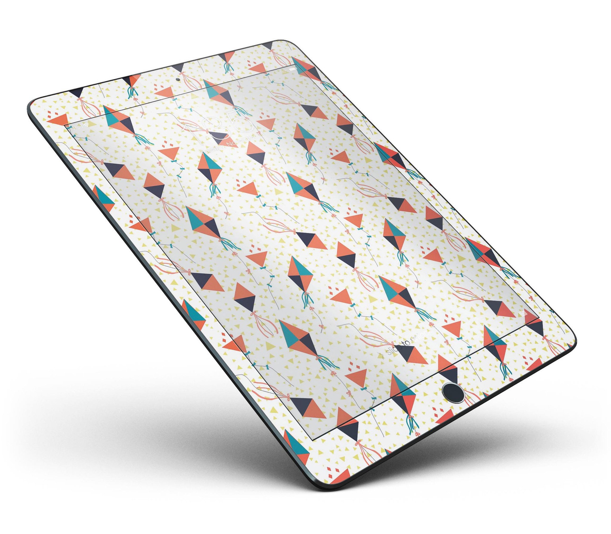 All Over Flying Kites Pattern Full Body Skin for iPad Pro, showcasing vibrant kite designs on a sleek vinyl surface.