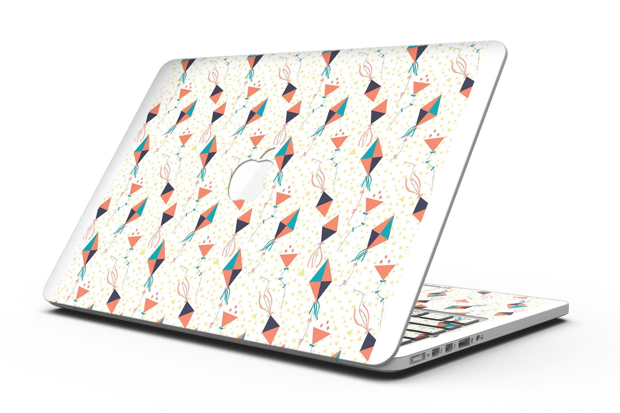 All Over Flying Kites Pattern skin for MacBook Pro with Retina Display, showcasing vibrant kite designs on a sleek vinyl surface.