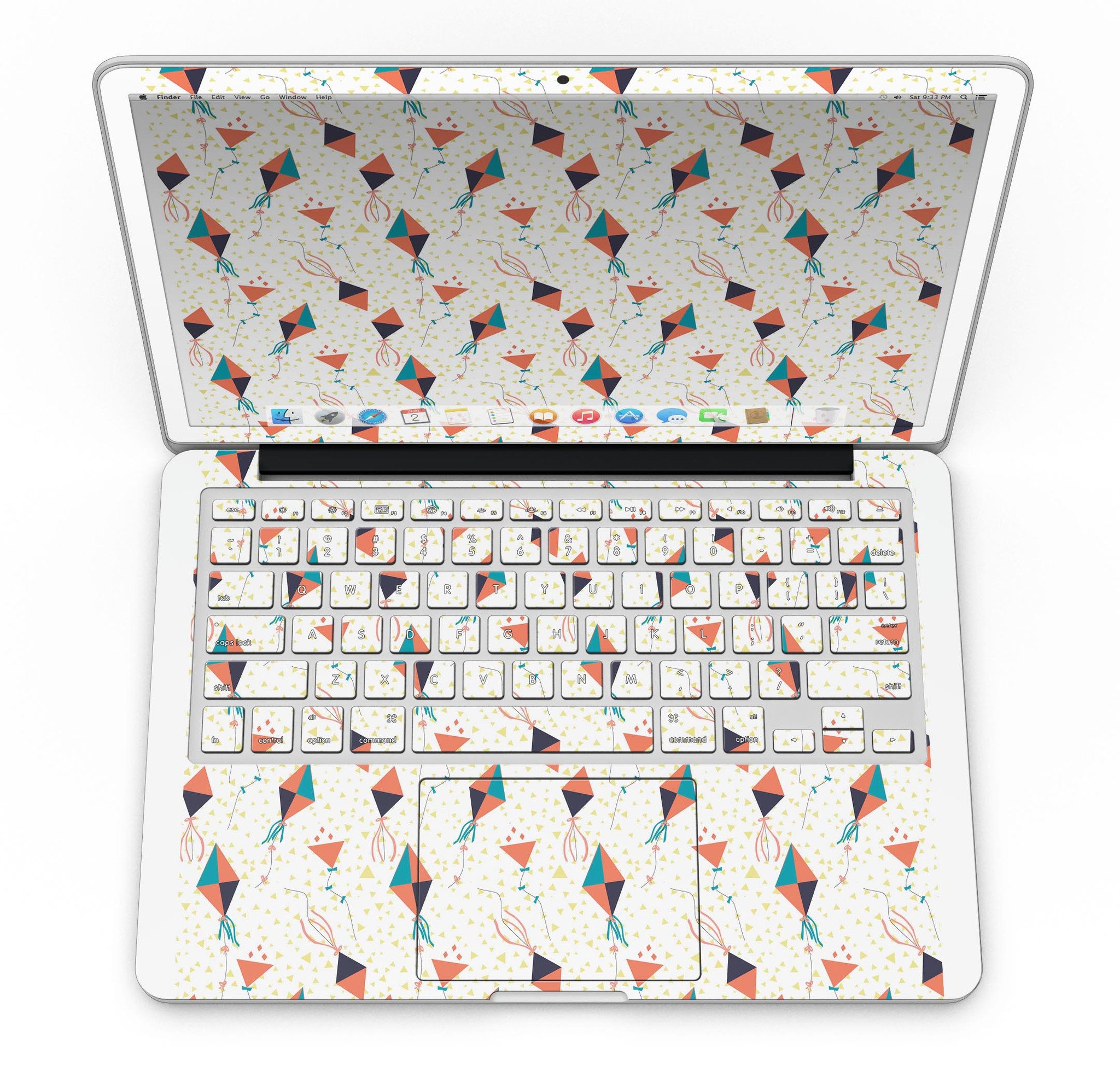 All Over Flying Kites Pattern skin for MacBook Pro with Retina Display, showcasing vibrant kite designs on a sleek vinyl surface.