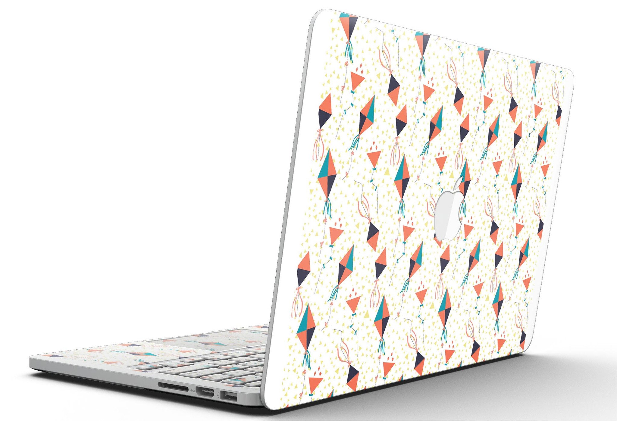 All Over Flying Kites Pattern skin for MacBook Pro with Retina Display, showcasing vibrant kite designs on a sleek vinyl surface.