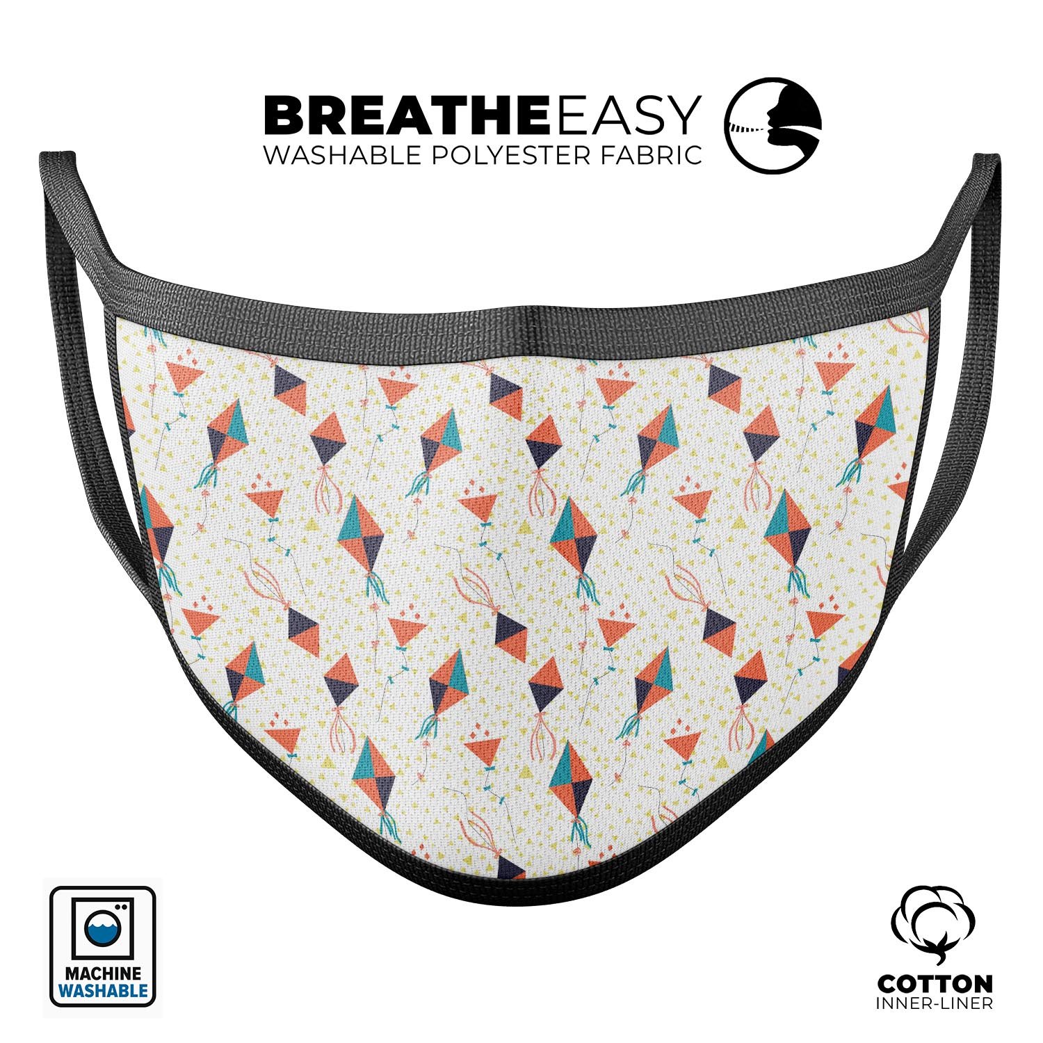 All Over Flying Kites Pattern mouth cover, featuring a colorful kite design, made from soft cotton and memory foam for comfort.