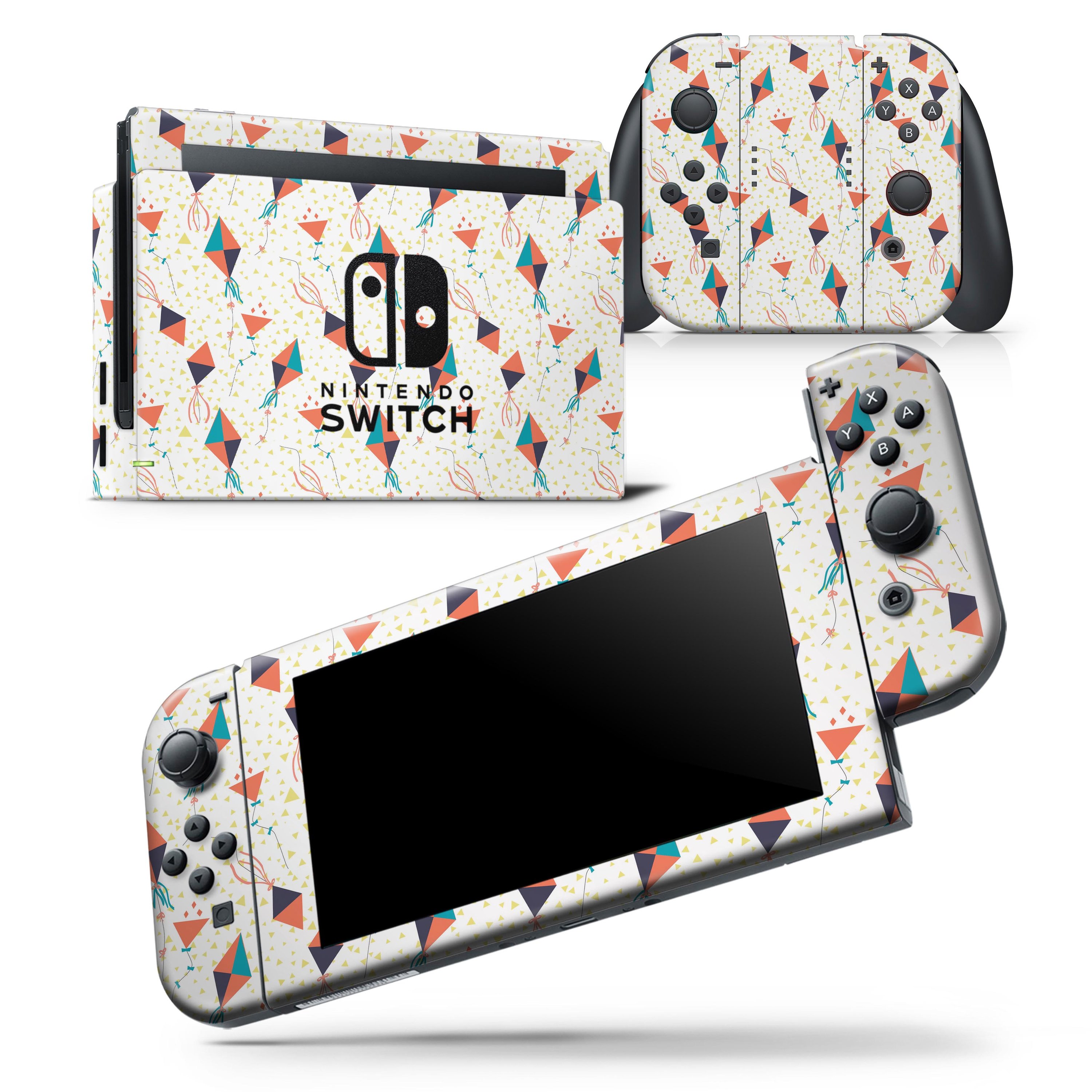 All Over Flying Kites Pattern Skin Wrap Decal for Nintendo Switch, showcasing vibrant colors and unique design.