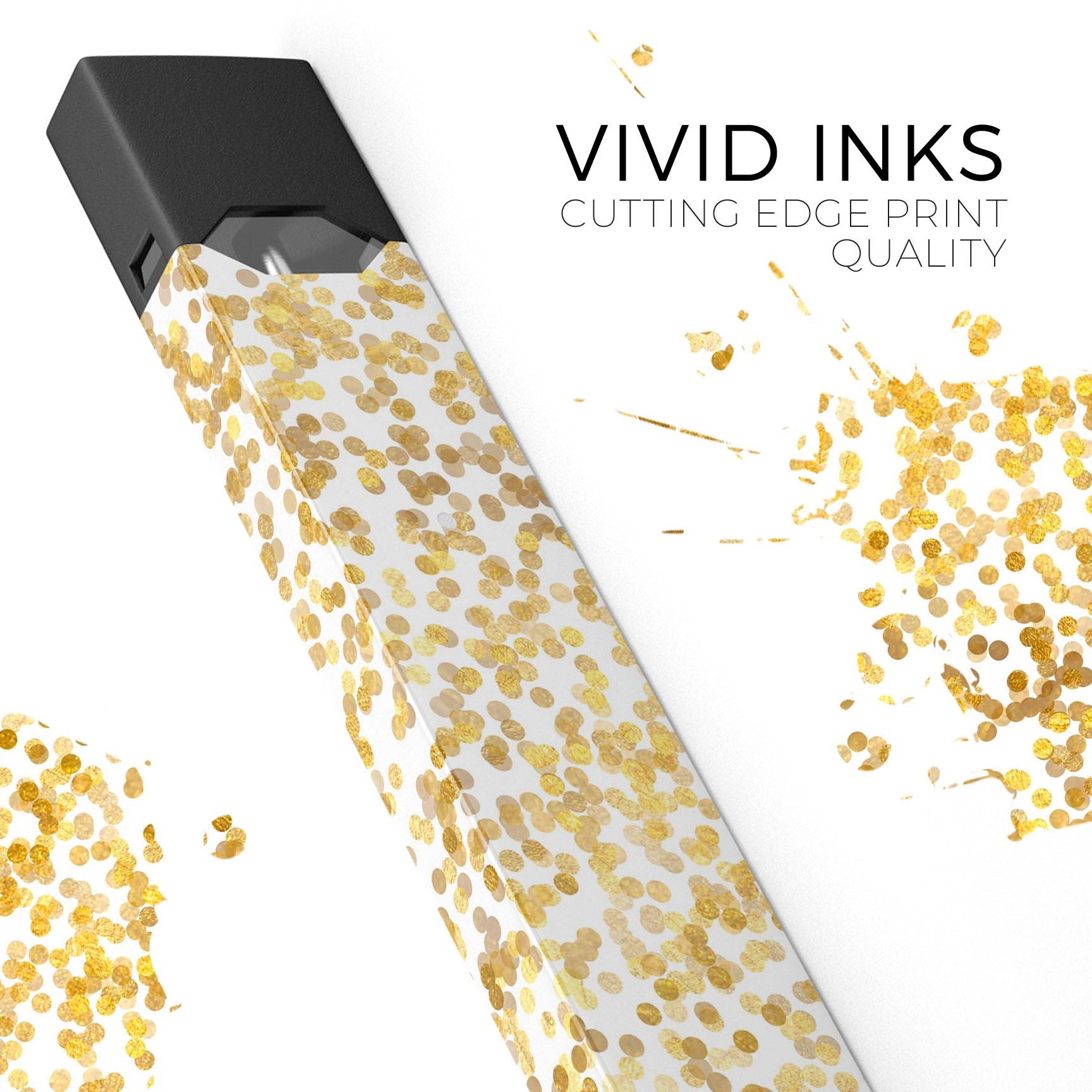 All Over Scattered Golden Micro Dots decal skin for JUUL vaping device, showcasing a stylish design with golden micro dots on a sleek surface.