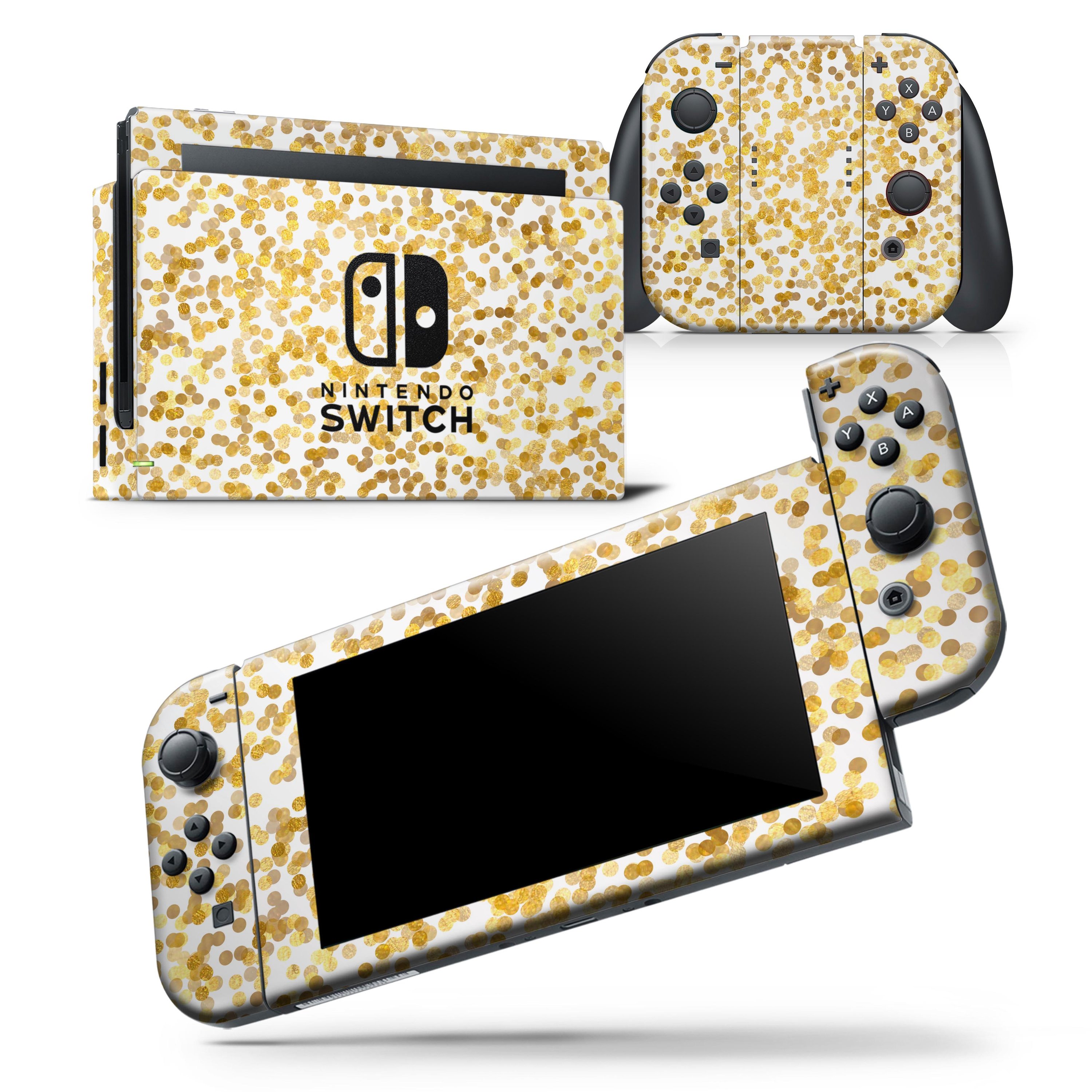 All Over Scattered Golden Micro Dots skin wrap decal for Nintendo Switch, showcasing a stylish design that fits snugly on the console and controllers.