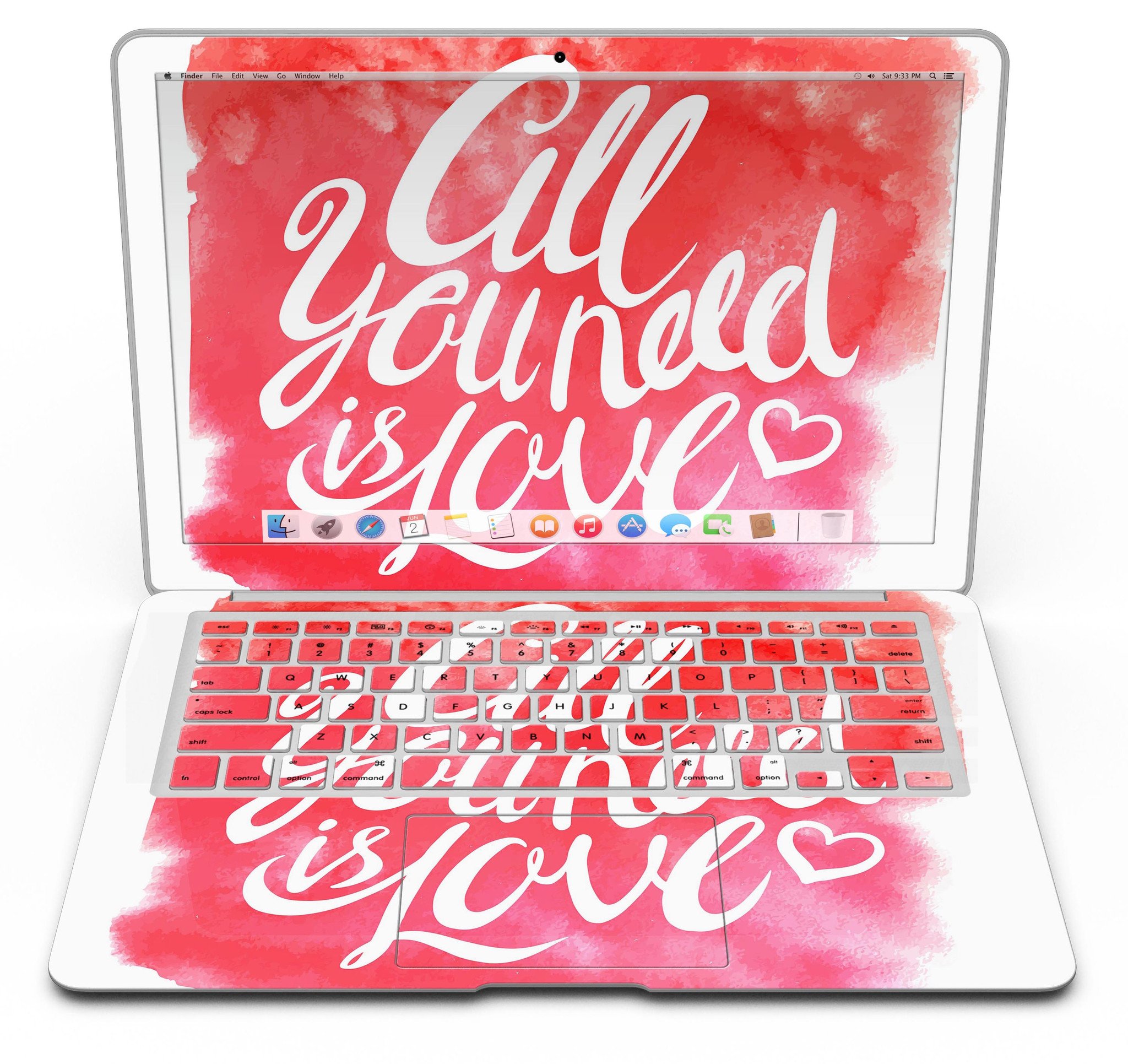 All You Need is Love MacBook Air Skin Kit featuring a vibrant design, showcasing its premium vinyl material and sleek finish.