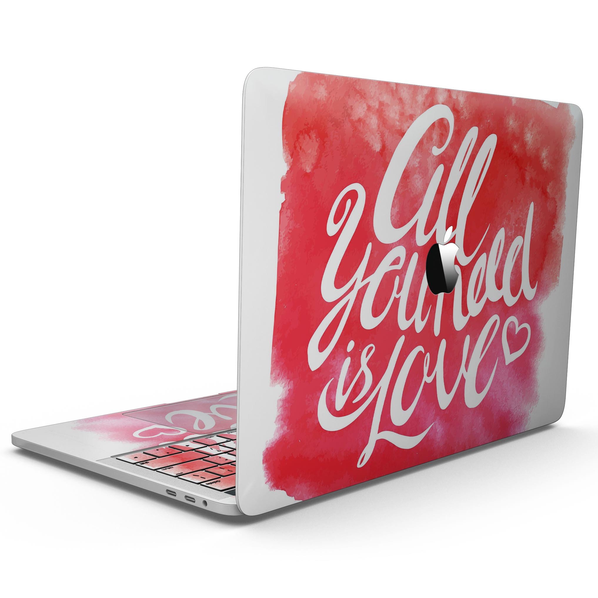 Stylish 'All You Need is Love' skin kit for MacBook Pro with Touch Bar, featuring vibrant design and premium vinyl material.