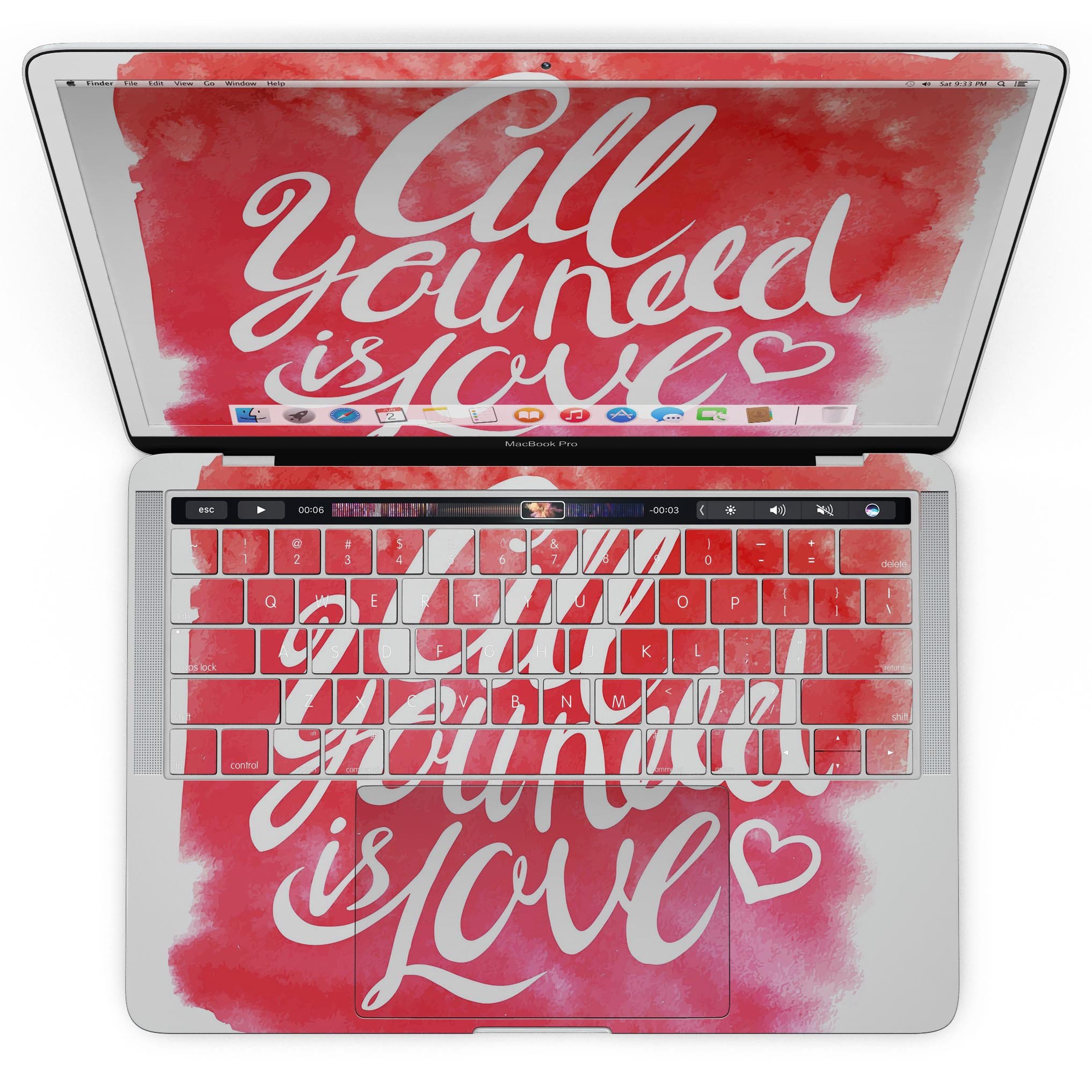 Stylish 'All You Need is Love' skin kit for MacBook Pro with Touch Bar, featuring vibrant design and premium vinyl material.