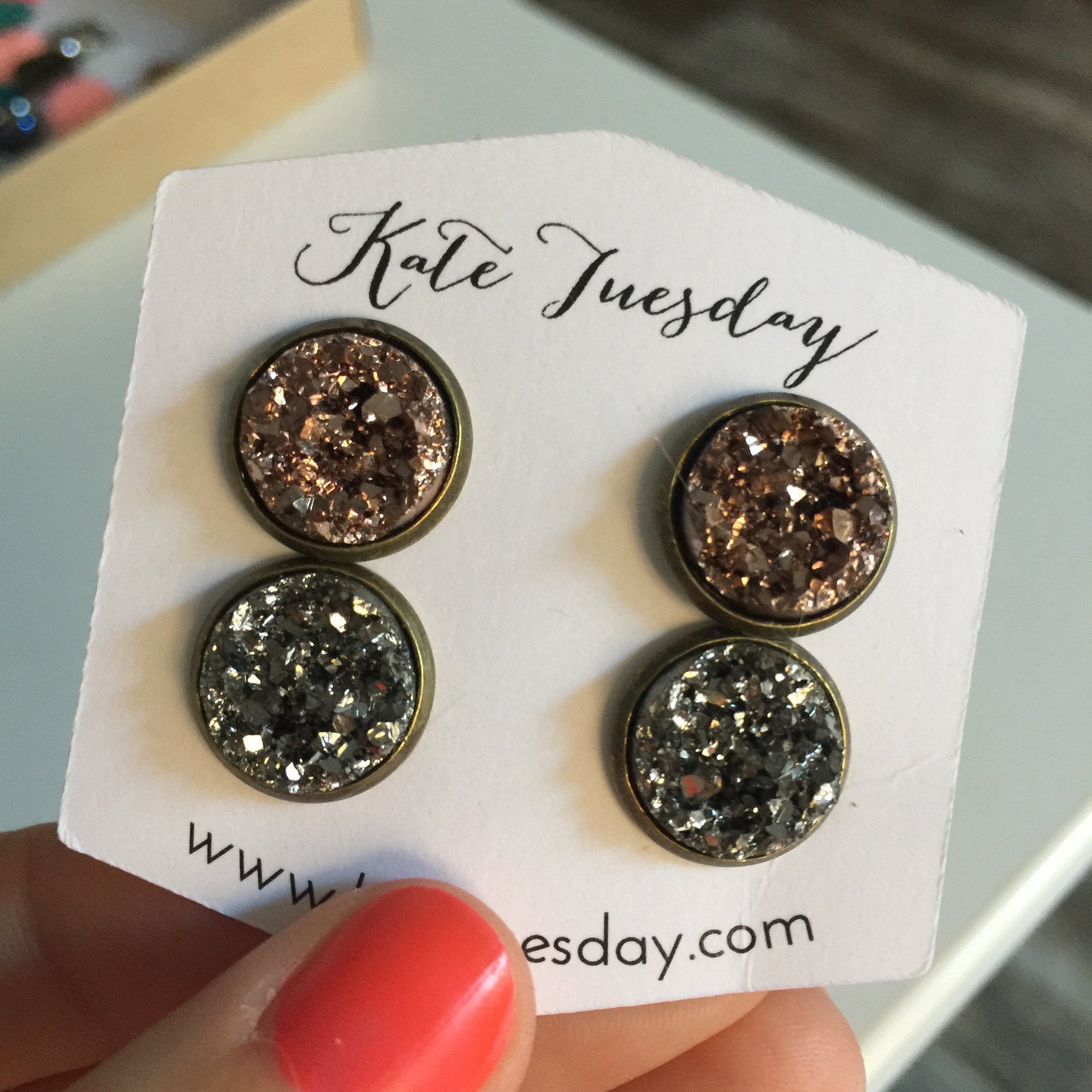 Alex Druzy Earrings Set featuring two pairs of 12mm druzy stones in rose gold, silver, and bronze settings, showcasing their sparkling texture.